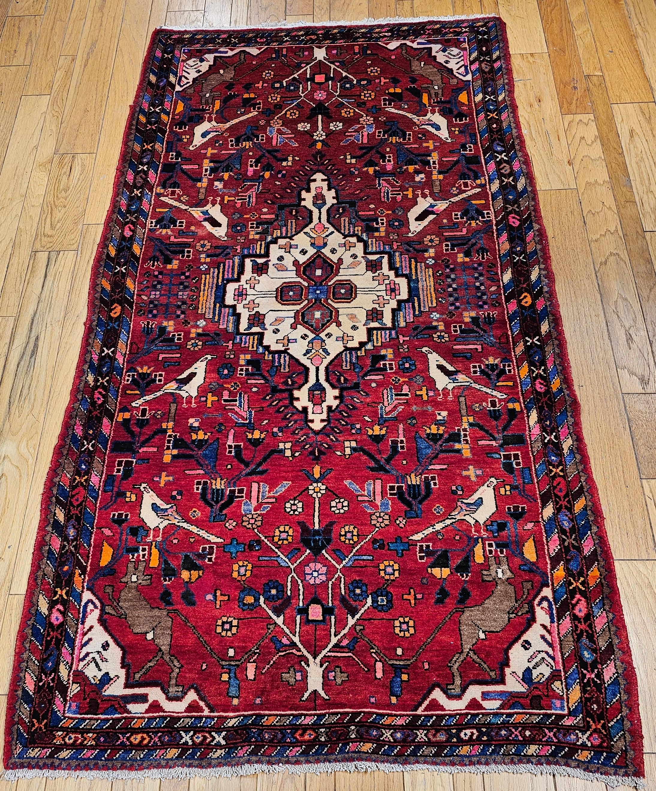 Vintage Persian Hamadan Gallery Rug with Animal Designs in Red, Ivory, Blue For Sale 11