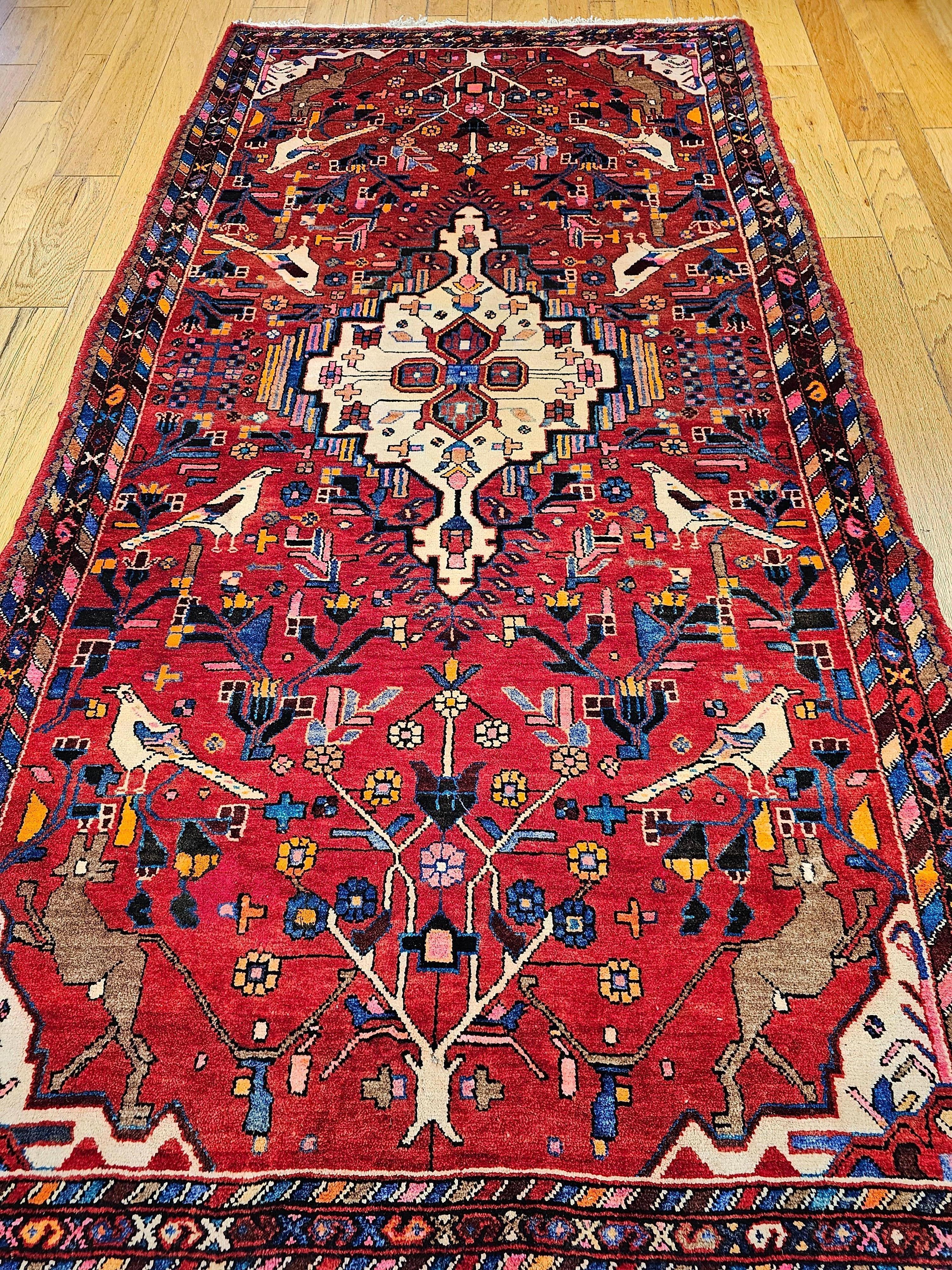 Hand-Knotted Vintage Persian Hamadan Gallery Rug with Animal Designs in Red, Ivory, Blue For Sale