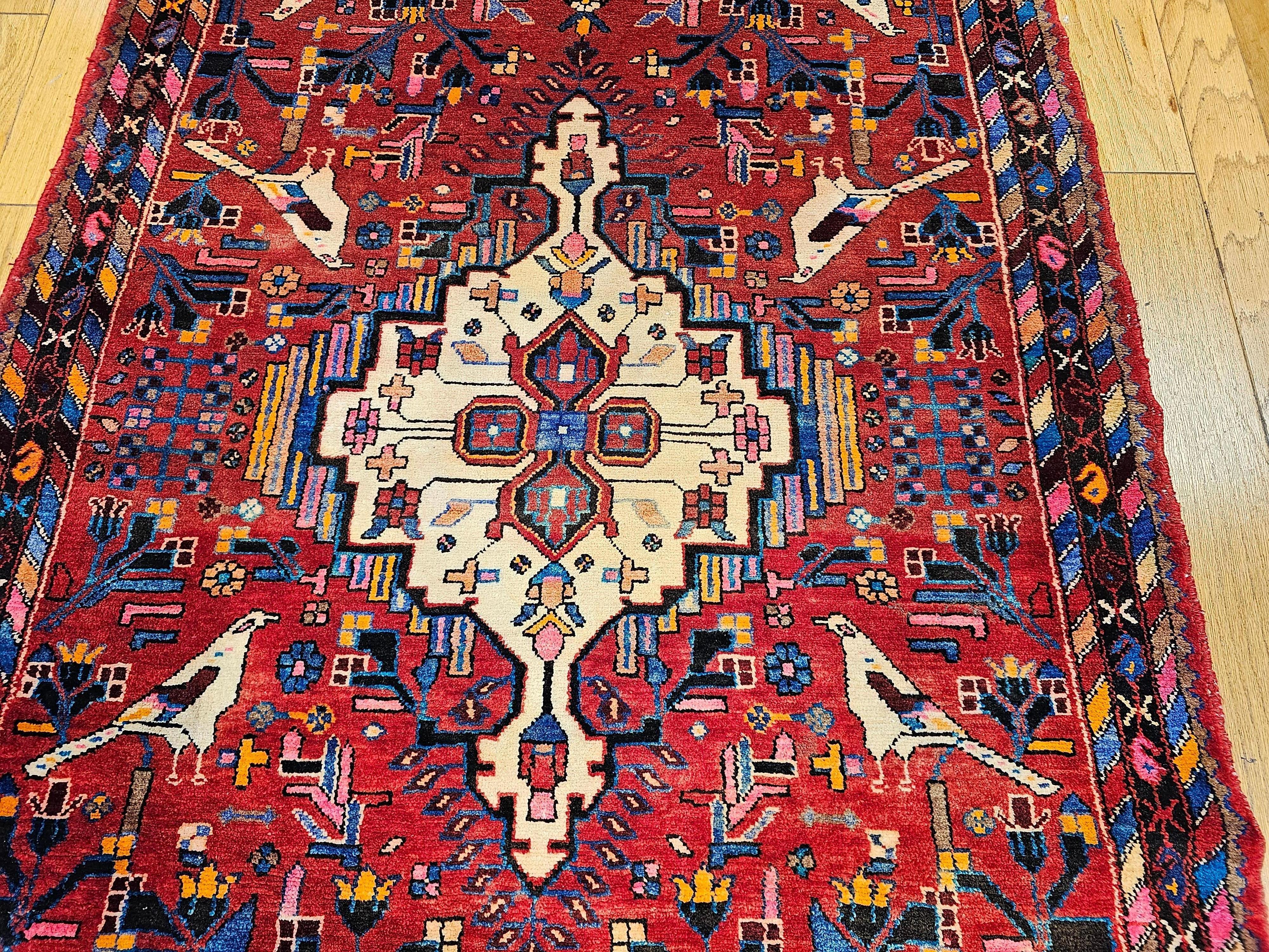 Vintage Persian Hamadan Gallery Rug with Animal Designs in Red, Ivory, Blue For Sale 3