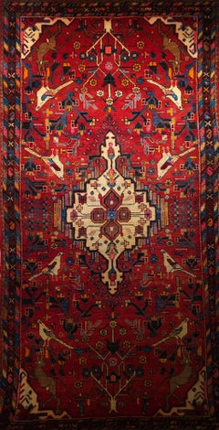 Vintage Persian Hamadan Gallery Rug with Animal Designs in Red, Ivory, Blue