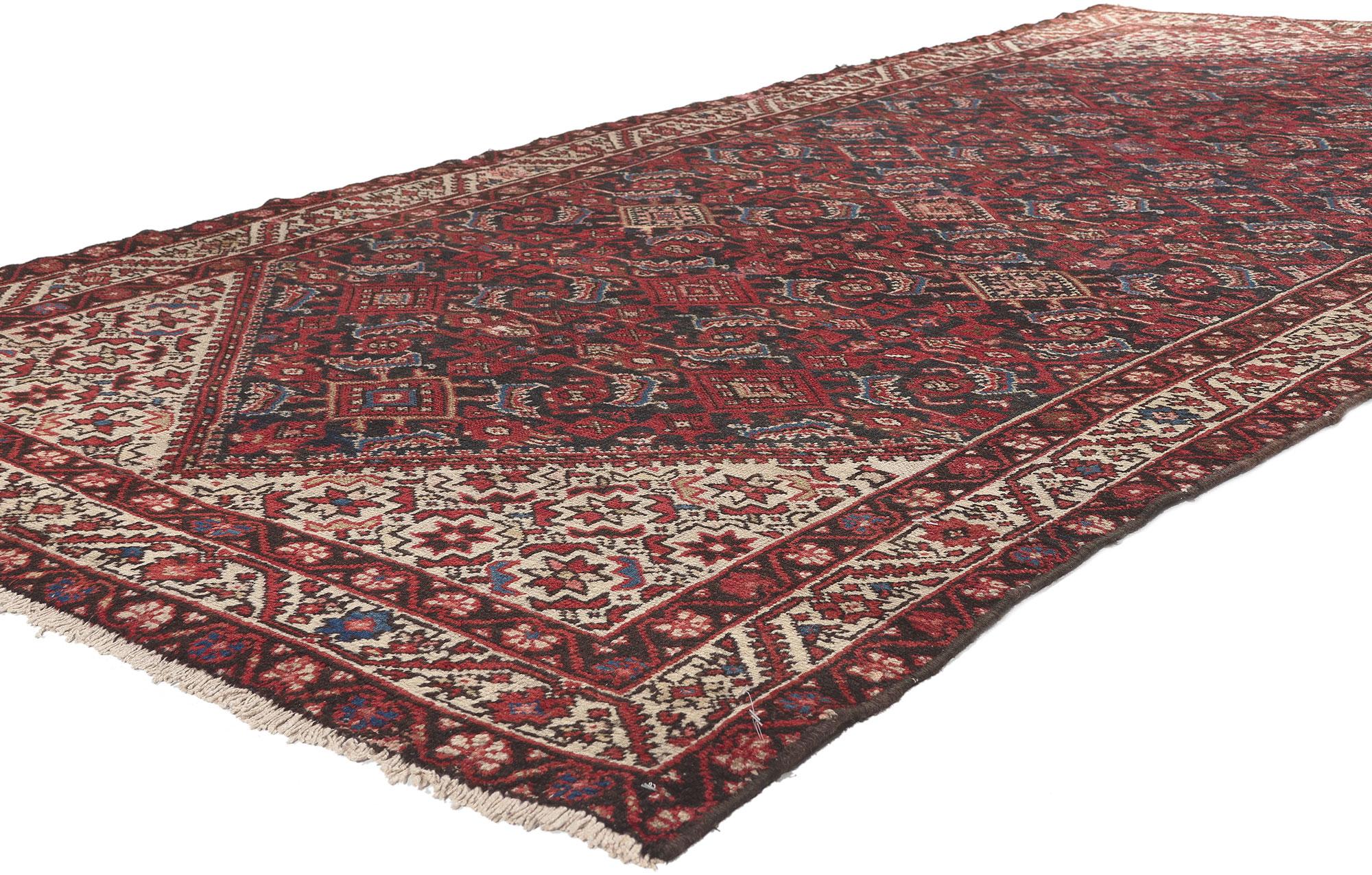 74943 Vintage Persian Hamadan Rug, 05'00 x 09'10.
Decidedly dapper meets laid-back luxury in this vintage Persian Hamadan rug. The geometric masculine design and moody hues woven into this piece work together conveying quiet sophistication with an