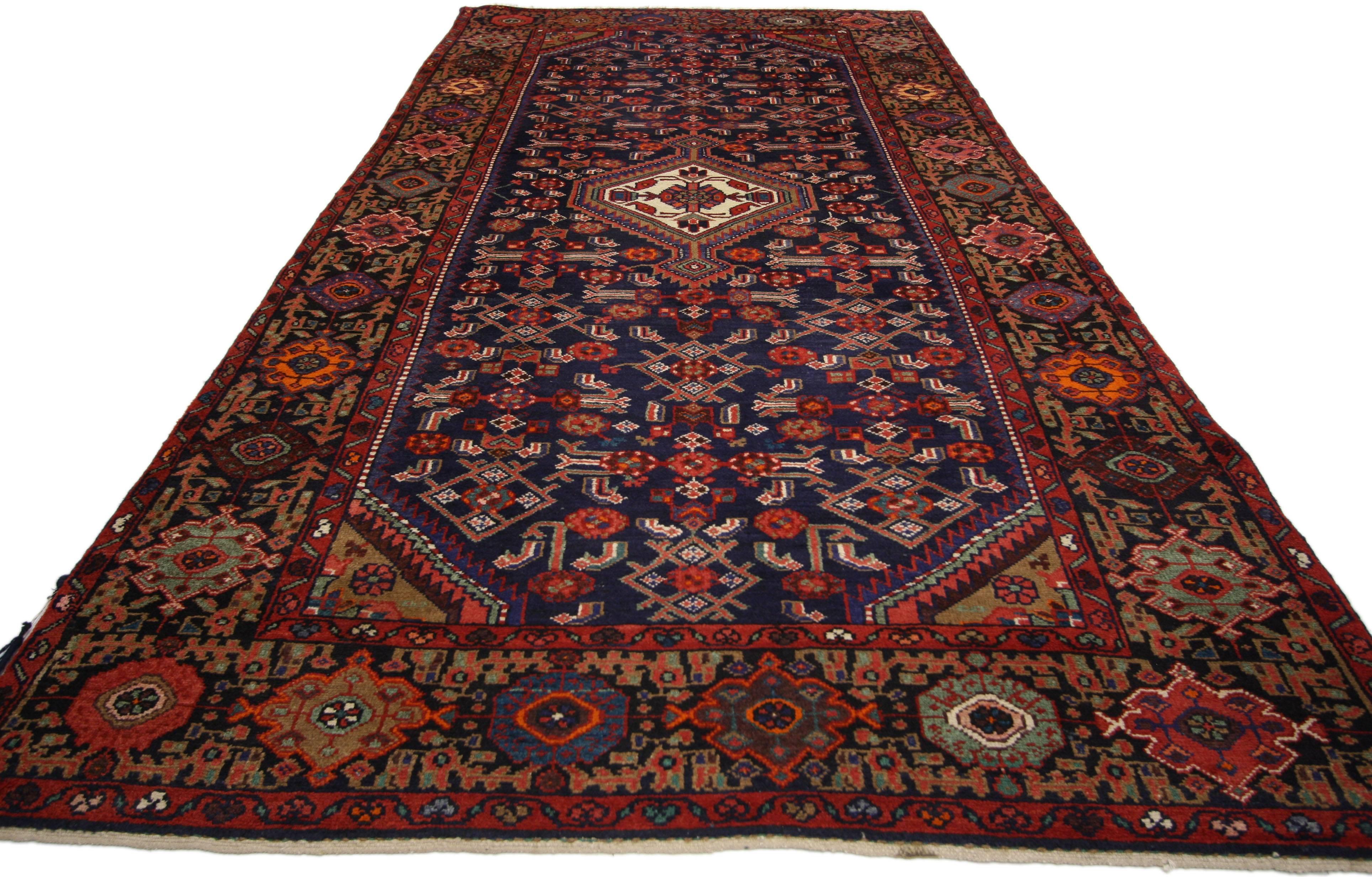 76023, vintage Persian Malayer-Hamadan gallery rug with traditional style - Wide Hallway runner. This hand-knotted wool vintage Persian Malayer-Hamadan gallery rug features a centre diamond medallion and all-over Herati pattern on an ink blue