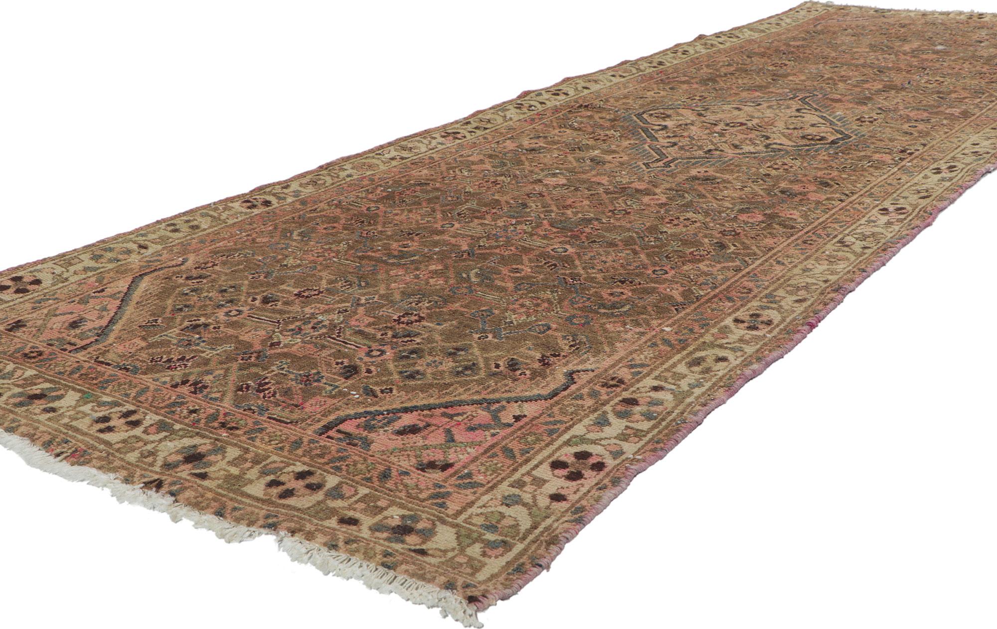 61090 Vintage Persian Hamadan hallway runner with Herati Design 03'04 x 09'10. With its effortless beauty and timeless design, this hand knotted wool vintage Persian Hamadan carpet runner will take on a curated lived-in look that feels timeless