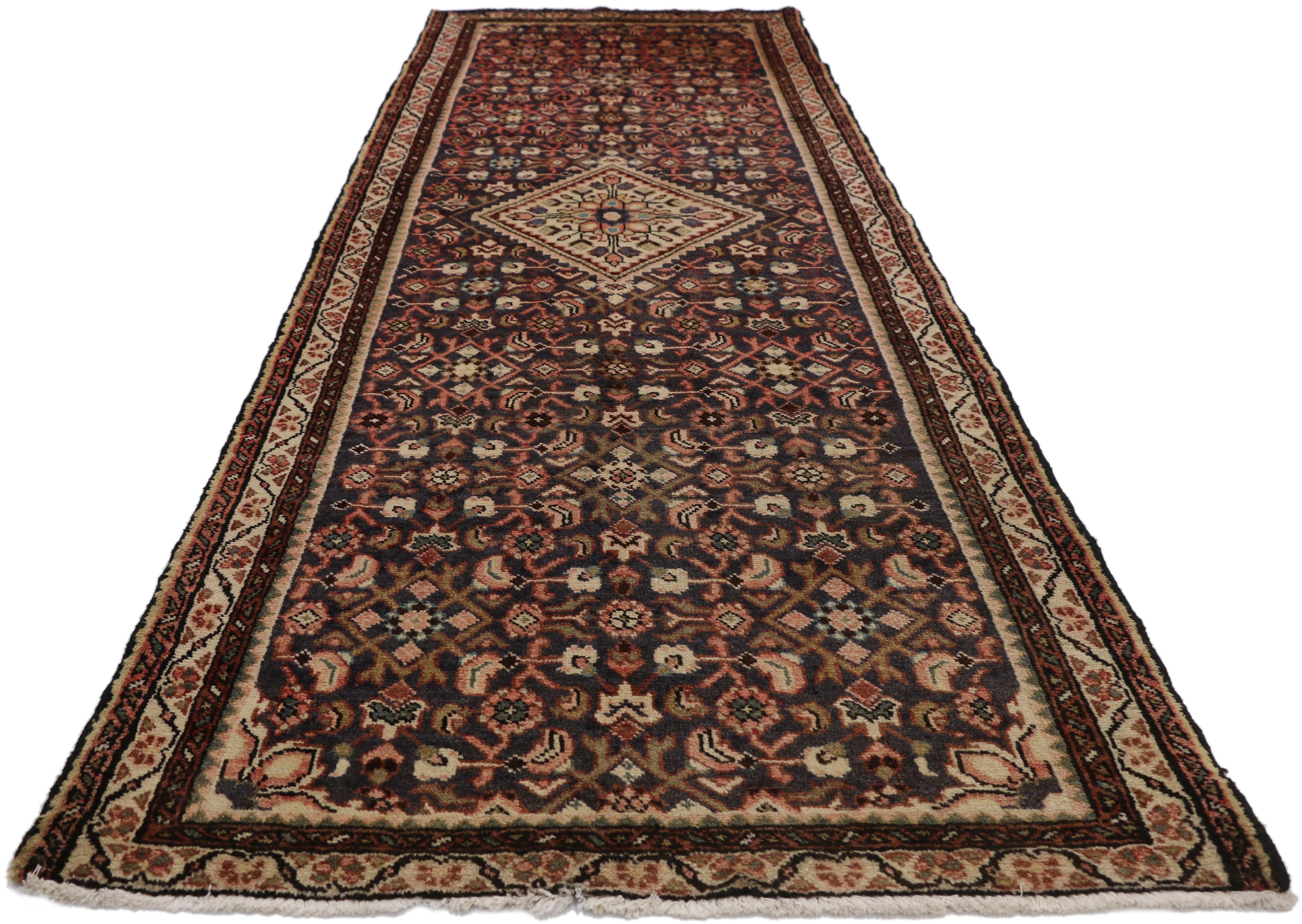 Arts and Crafts Vintage Persian Hamadan Hallway Runner with Rustic Arts & Crafts Style For Sale