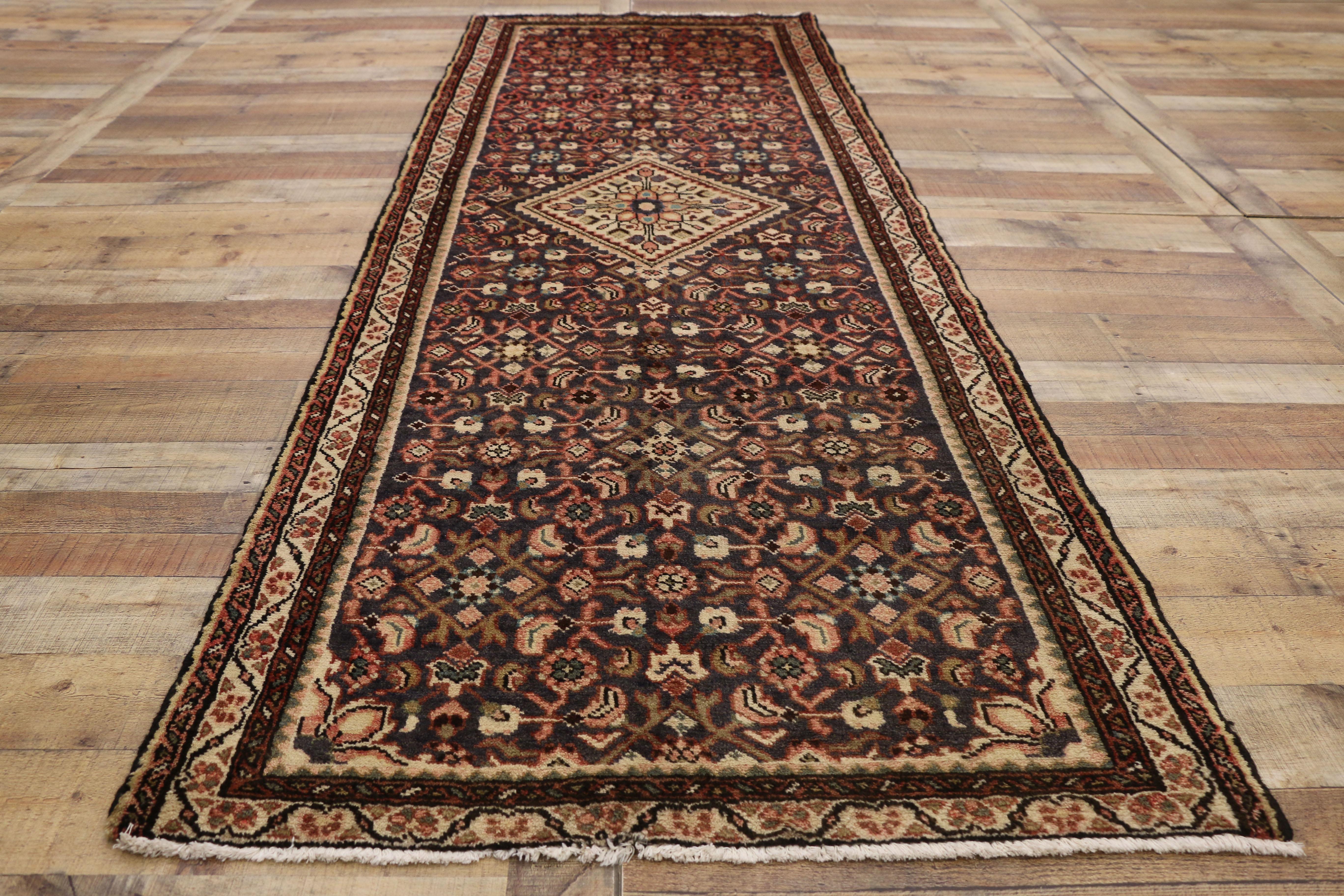 Wool Vintage Persian Hamadan Hallway Runner with Rustic Arts & Crafts Style For Sale
