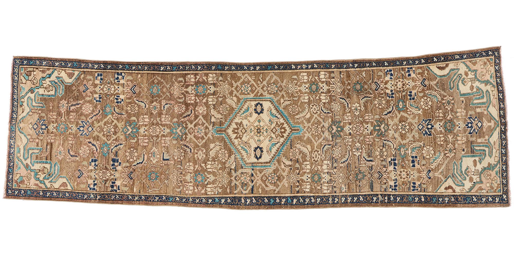 Vintage Persian Hamadan Rug Carpet Runner, Brown Pink Aqua For Sale 3