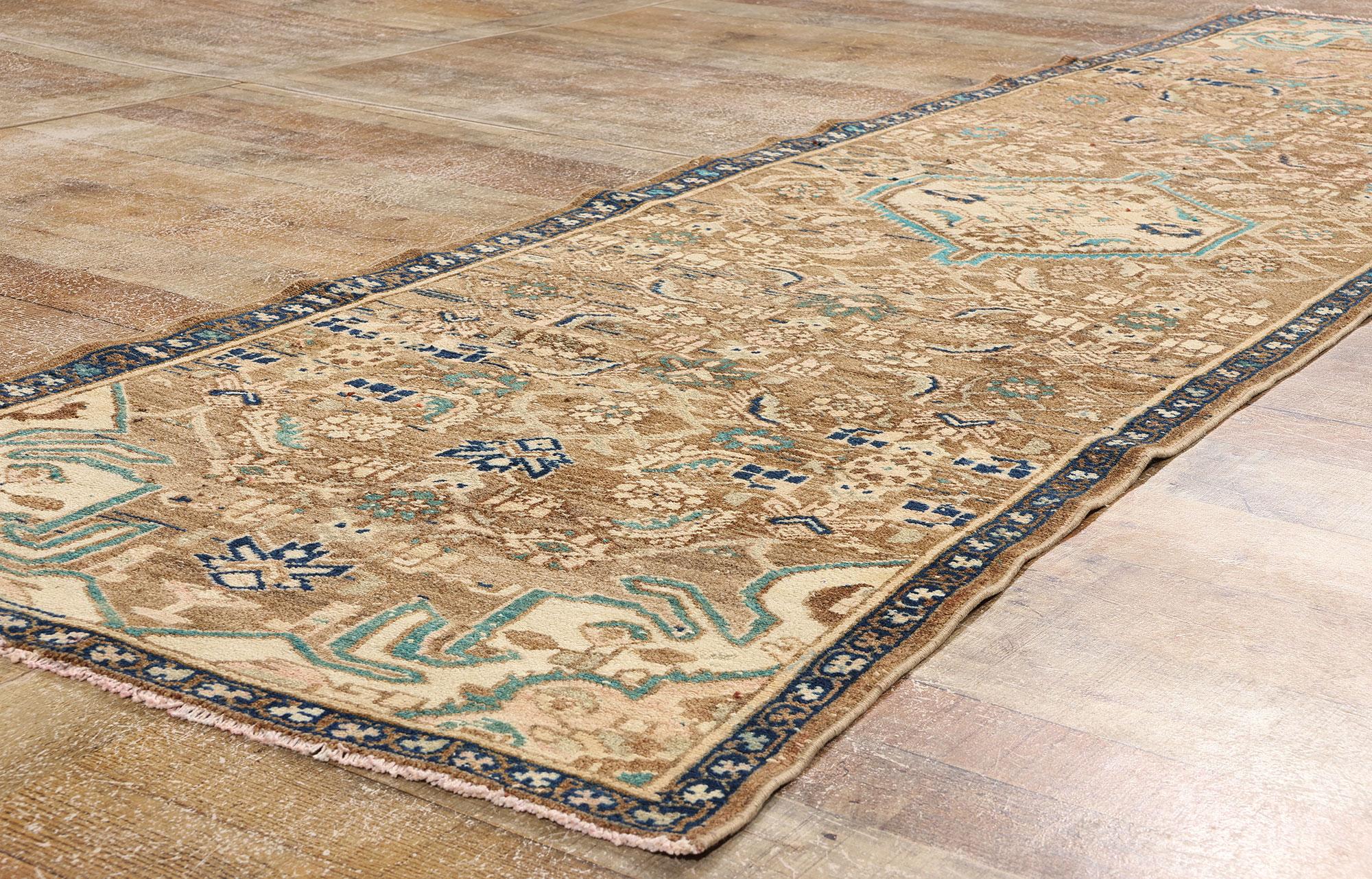 Wool Vintage Persian Hamadan Rug Carpet Runner, Brown Pink Aqua For Sale