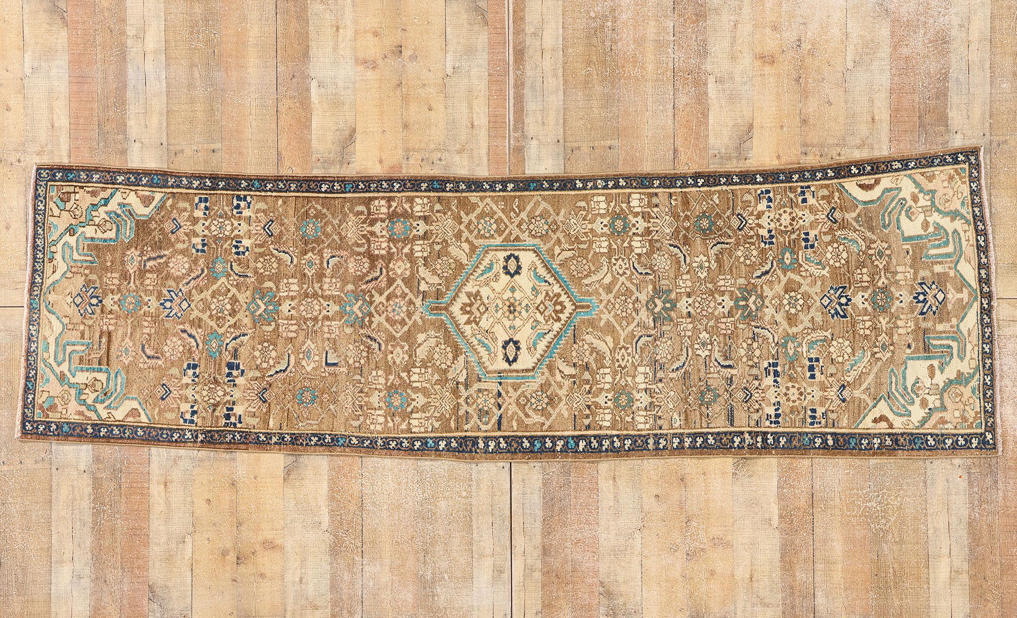 Tapis persan Hamadan Vintage Runner, Brown Pink Aqua en vente 1