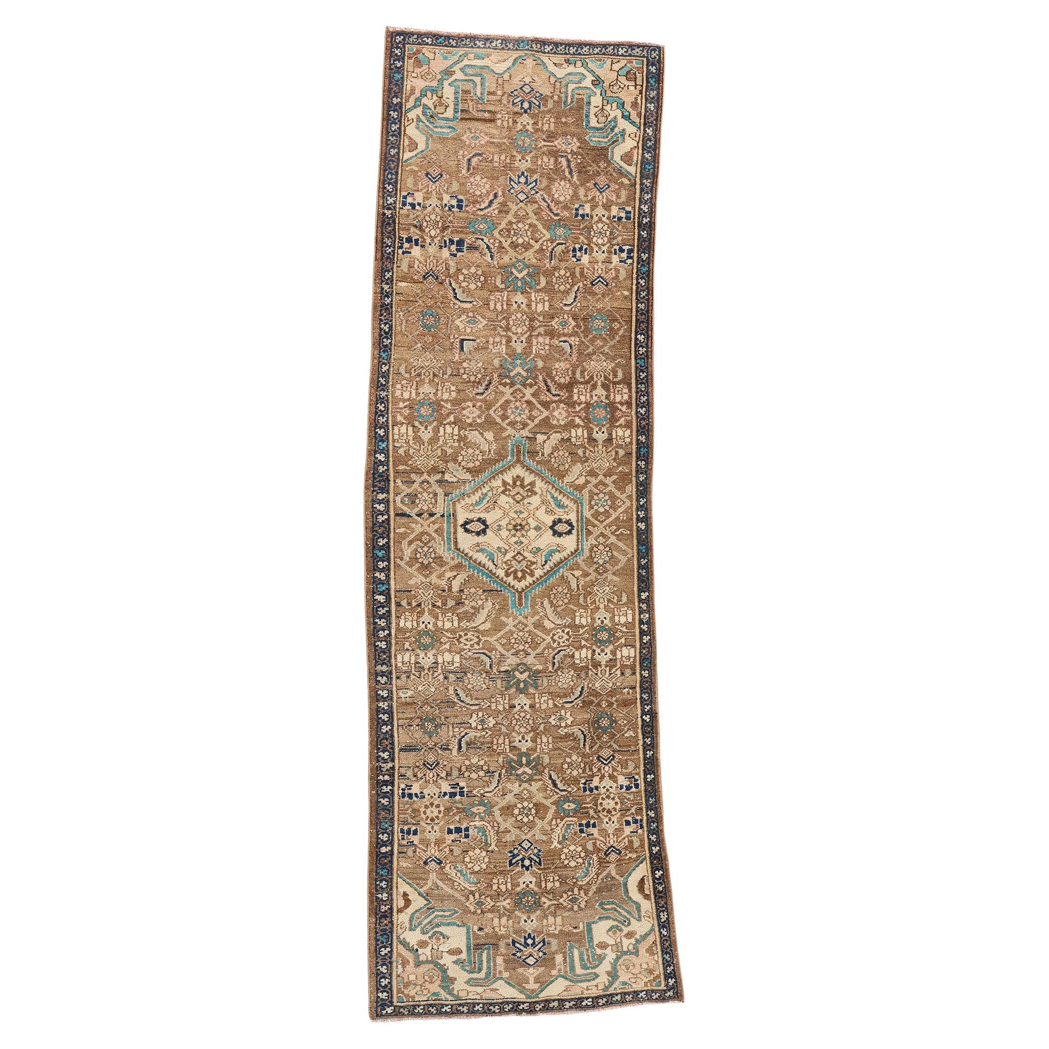 Vintage Persian Hamadan Rug Carpet Runner, Brown Pink Aqua For Sale