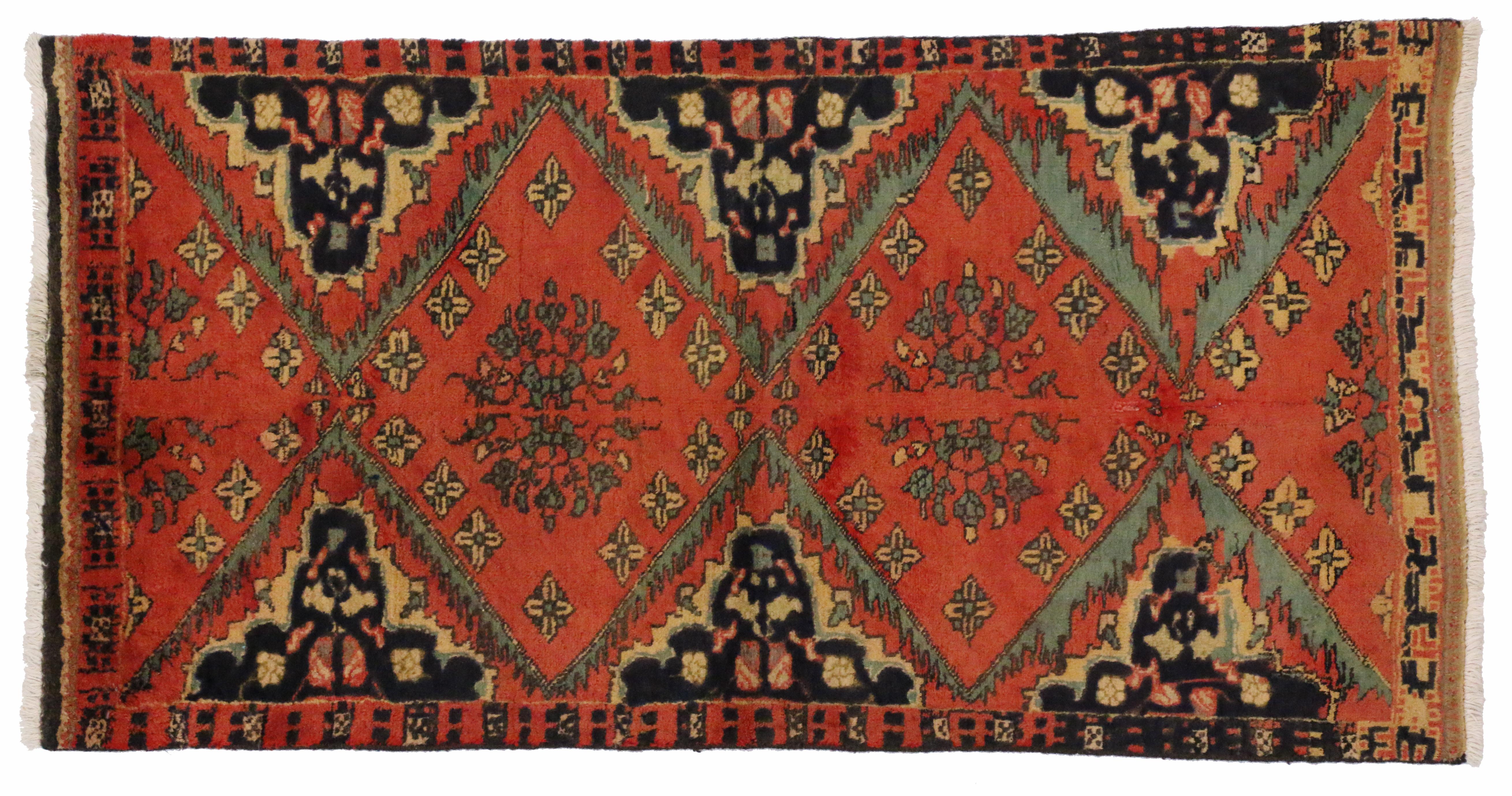 76078, vintage Persian Hamadan rug, entry or foyer rug. Bright and welcoming, this hand-knotted wool vintage Persian Hamadan Rug is like a gracious invitation into nearly any interior where it is displayed. Bright persimmon creates the primary