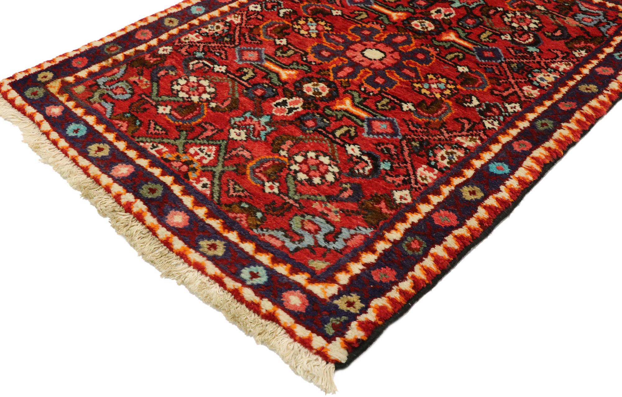 76129 Vintage Persian Hamadan Rug, 02'00 x 02'11. This hand knotted wool vintage Persian Mazlaghan Hamadan rug exudes timeless charm and cultural richness, encapsulating the artistry of the Hamadan region. The lively Hamadan rug features a