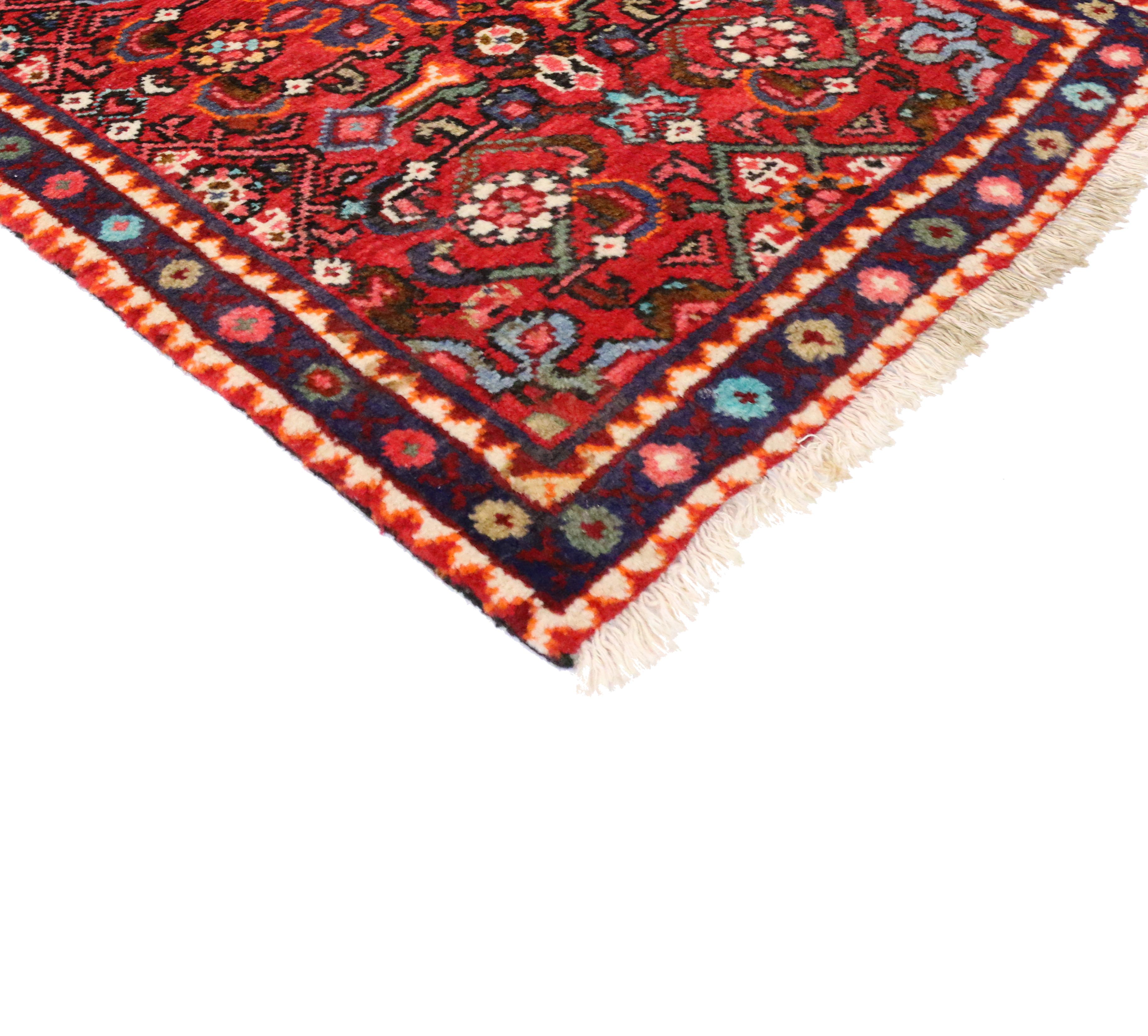 76129 vintage Persian Hamadan rug for kitchen, bathroom, foyer or entry rug 02'00 x 02'11. This hand knotted wool vintage Persian Hamadan rug with Jacobean style features a small floral medallion surrounded by an all-over Herati pattern floating on