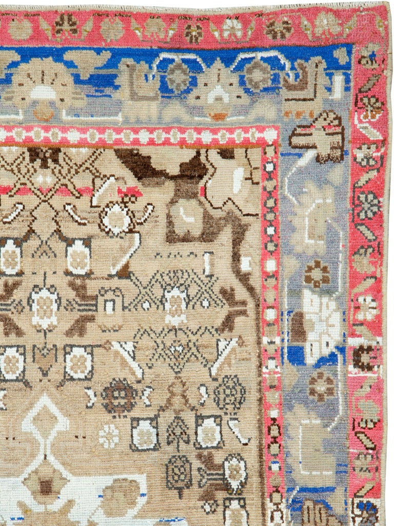 MidCentury Persian Folk Rug With Cerulean Blue, Grey, Pink, And White