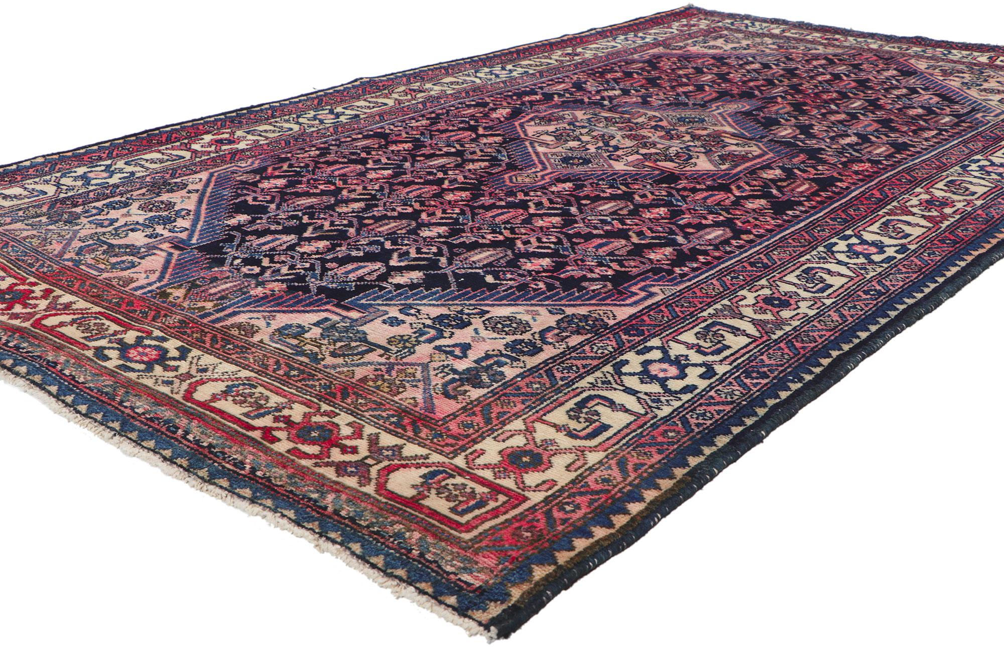 61122 Vintage Persian Hamadan Rug, 04'06 x 07'11.
?With its timeless design, incredible detail and texture, this hand knotted wool vintage Persian Hamadan rug is a captivating vision of woven beauty. The eye-catching boteh trellis and lively
