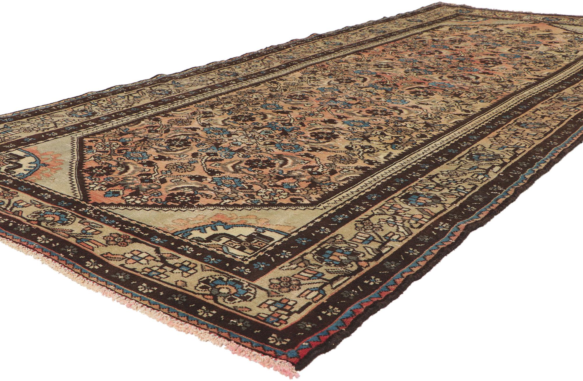 61153 Vintage Persian Hamadan Rug, 04'05 x 10'00.
With its effortless beauty and timeless design, this hand-knotted wool vintage Persian Hamadan rug is poised to impress. The eye-catching Herati pattern and sophisticated color palette woven into