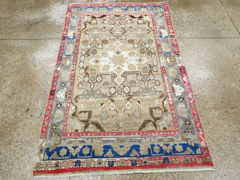 MidCentury Persian Folk Rug With Cerulean Blue, Grey, Pink, And White