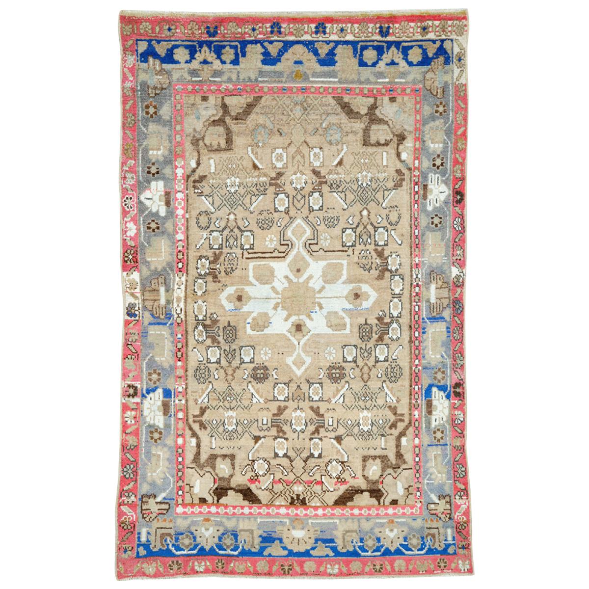 Mid-Century Persian Folk Rug With Cerulean Blue, Grey, Pink, And White Tones