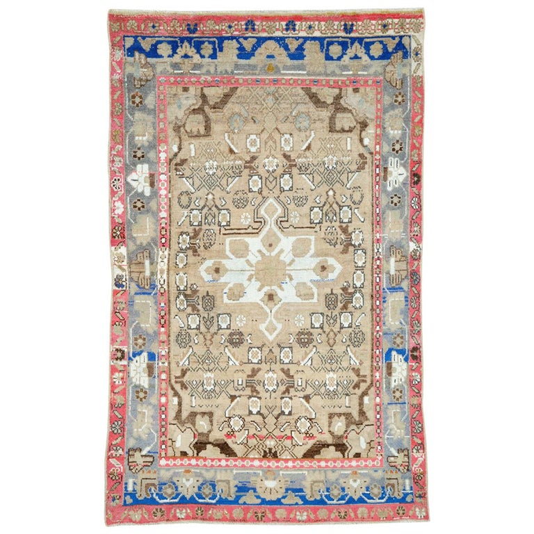 MidCentury Persian Folk Rug With Cerulean Blue, Grey, Pink, And White Tones For Sale at 1stDibs