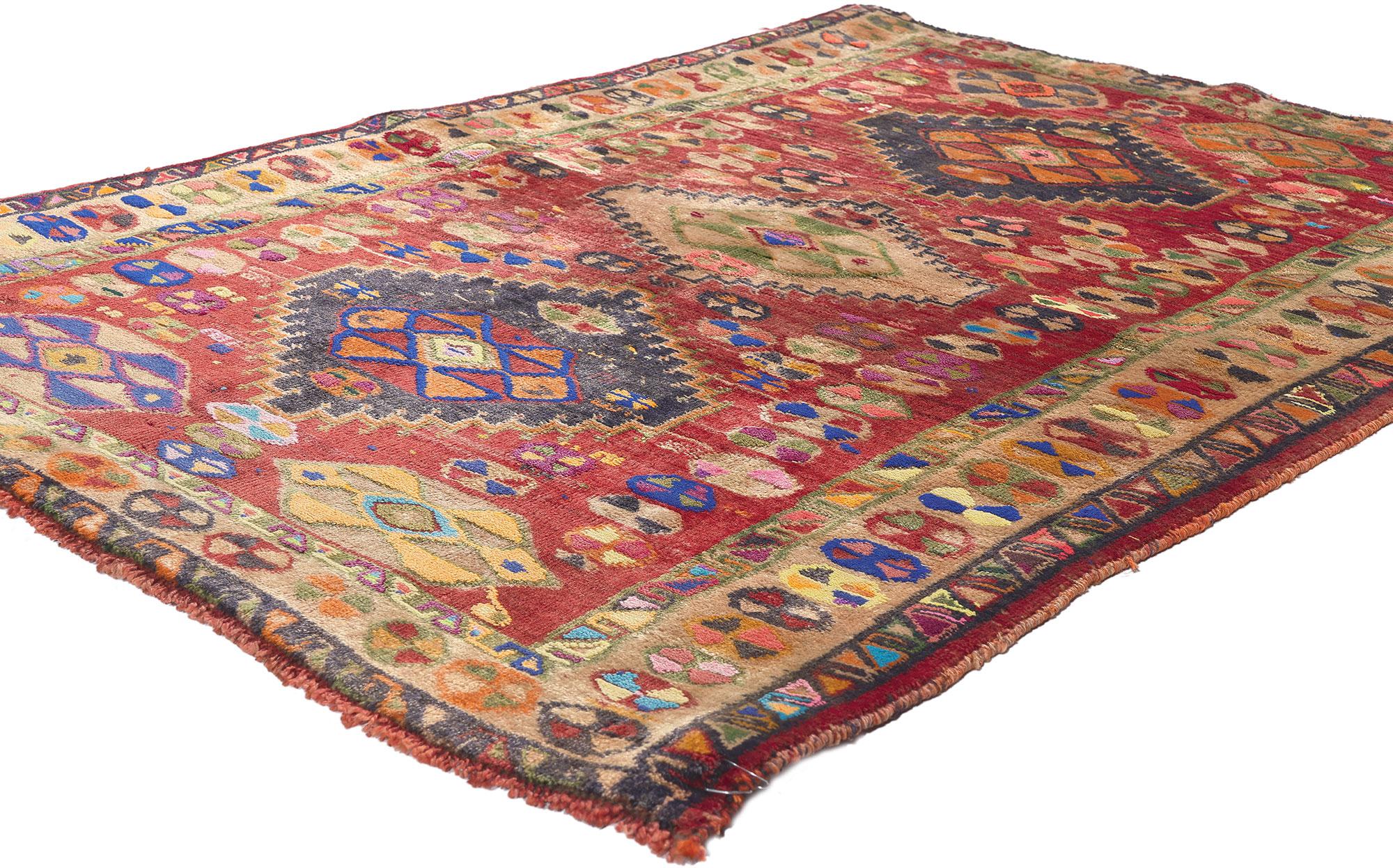 61255 Vintage Persian Shiraz Rug, 03'05 x 04'11.
Nomadic charm meets Maximalist style in this hand knotted wool vintage Persian Shiraz rug. The intrinsic tribal pattern and saturated colors woven into this piece work together creating layers of joy