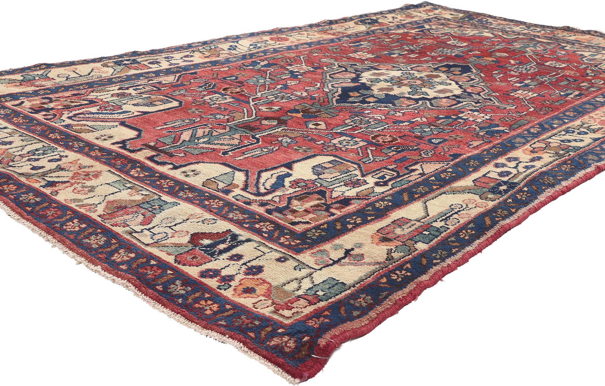 61258 Vintage Persian Hamadan Rug, 04'07 x 08'07.
Patriotic flair meets preppy formality in this hand knotted wool vintage Persian Hamadan rug. The angular botanical design and sophisticated color palette woven into this piece work together