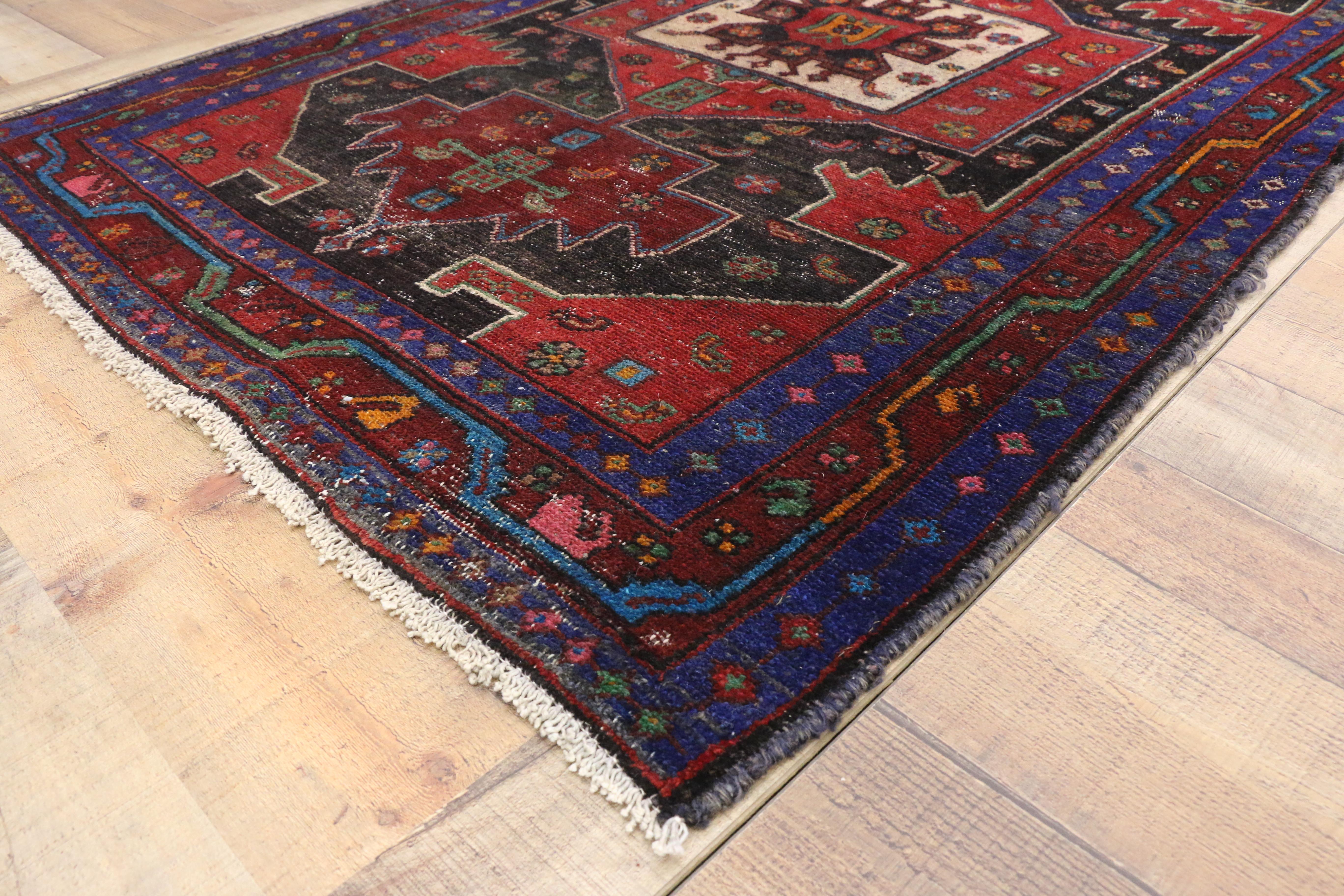 51578, vintage Persian Hamadan rug with modern Tribal style. Full of character and stately presence, this vintage Persian Hamadan rug with modern tribal style showcases a geometric design rendered in variegated shades of black, red, blue and beige