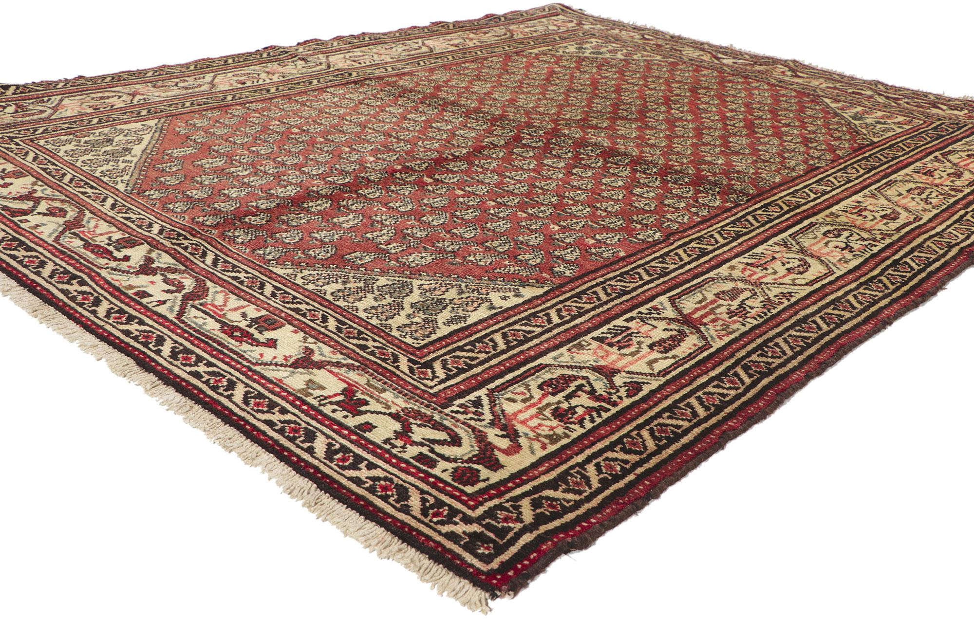 76090 Vintage Persian Hamadan Rug, 05'02 x 06'08.
Rustic yet refined with incredible detail and texture, this hand knotted vintage Persian Hamadan rug is a captivating vision of woven beauty. The small-scale allover pattern and earthy colorway