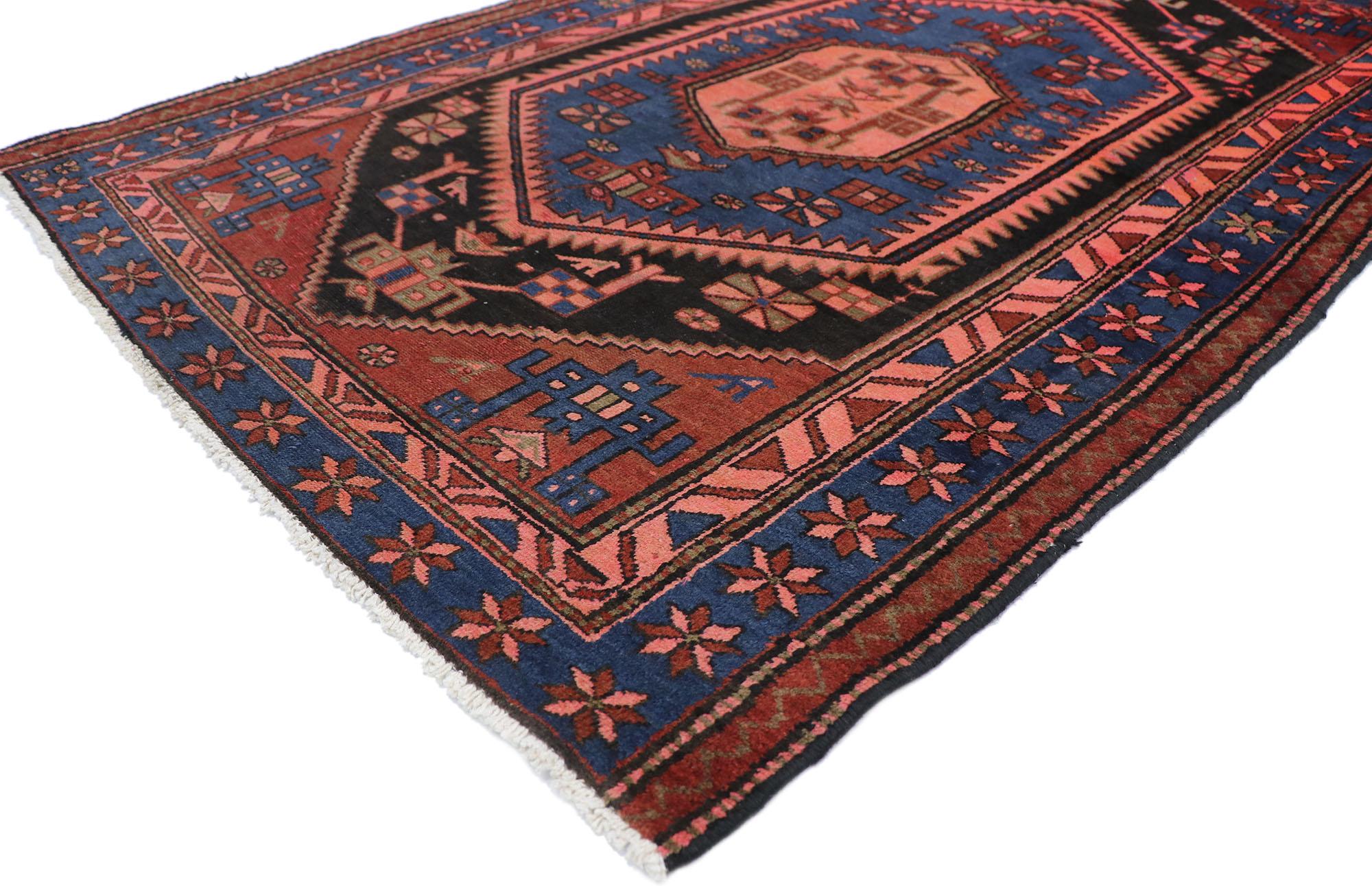 77671 vintage Persian Hamadan rug with Tribal style 04'04 x 06'06. Full of tiny details and a bold expressive design combined with vibrant colors and tribal style, this hand-knotted wool vintage Persian Hamadan rug is a captivating vision of woven