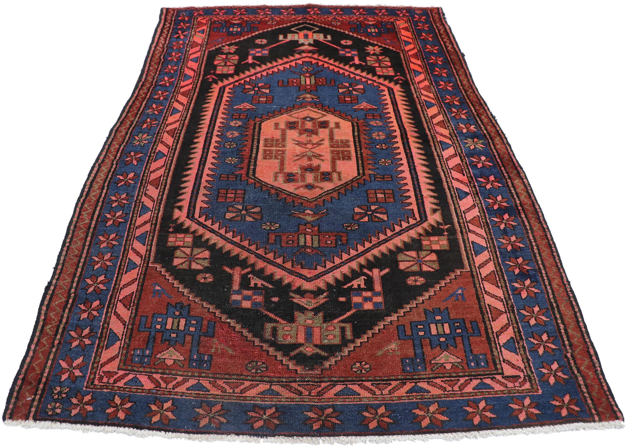 Hand-Knotted Vintage Persian Hamadan Rug with Tribal Style For Sale