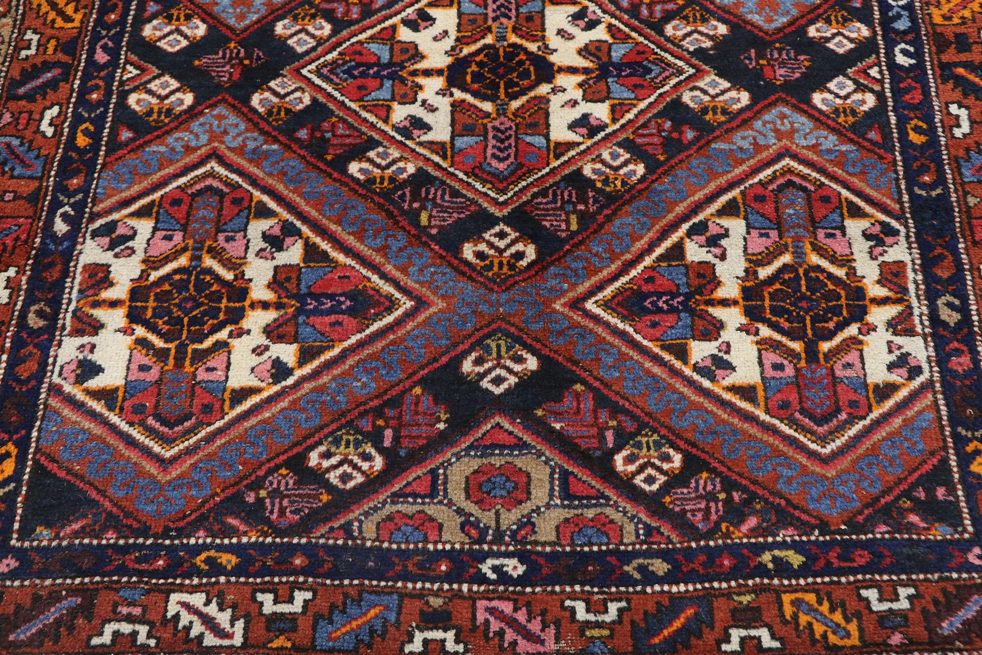 Vintage Persian Hamadan Rug with Tribal Style In Distressed Condition For Sale In Dallas, TX