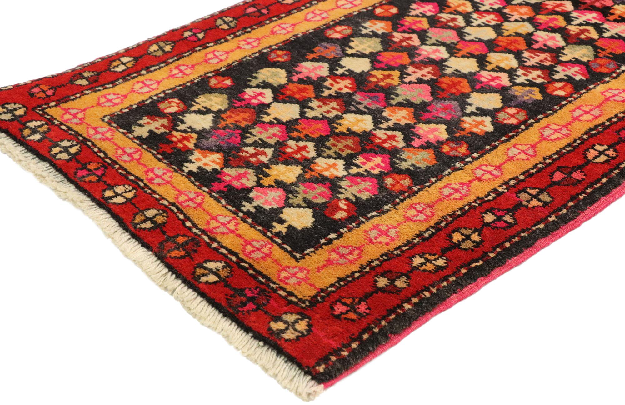 76132, vintage Persian Hamadan accent rug with tribal style. Bright and dynamic, this hand-knotted wool vintage Persian Hamadan accent rug with tribal style features a multi-color all-over Mir-a-Boteh pattern on a dark field surrounded by two