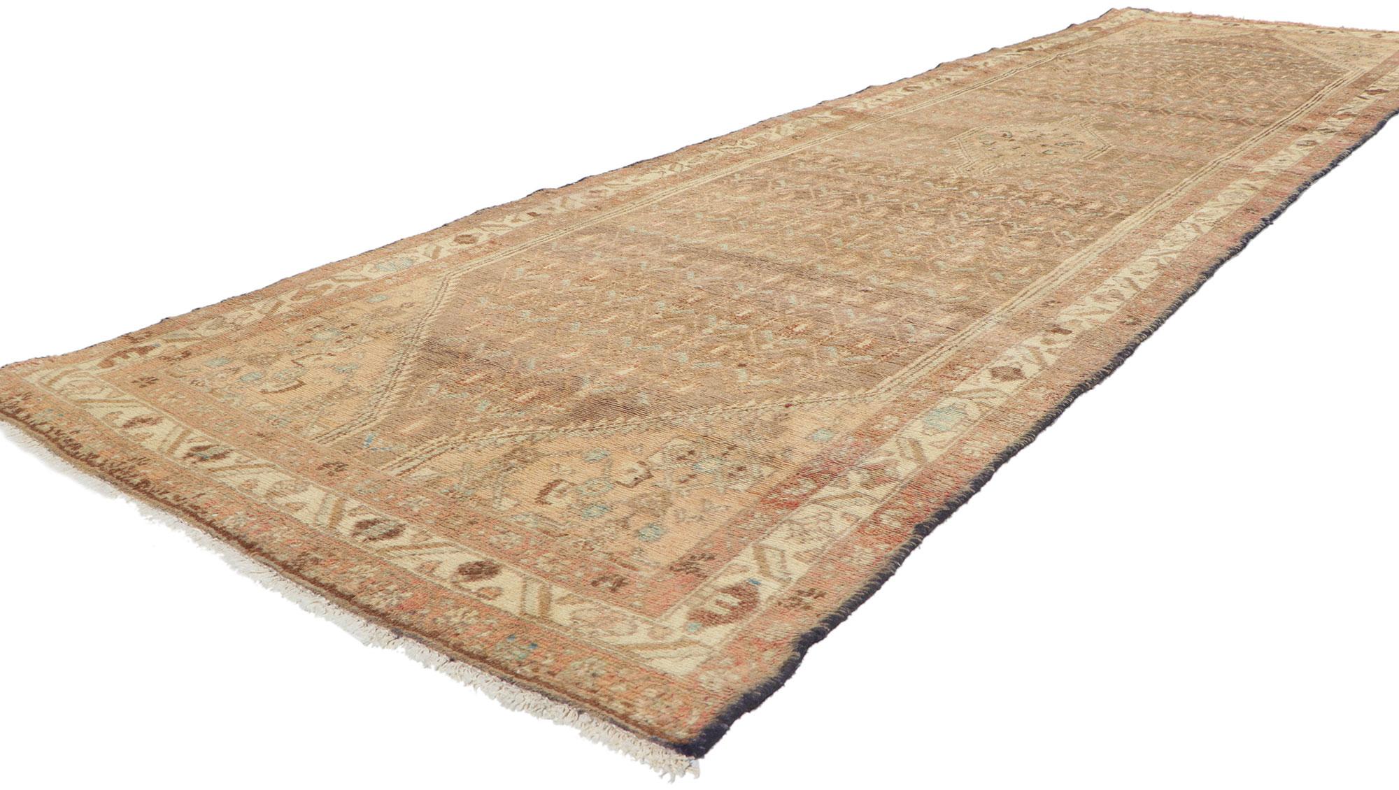 61146 vintage Persian hamadan Runner, 03'02 x 11'01. With its effortless beauty and timeless design, this hand knotted wool vintage Persian Hanadan carpet runner will take on a curated lived-in look that feels timeless while imparting a sense of