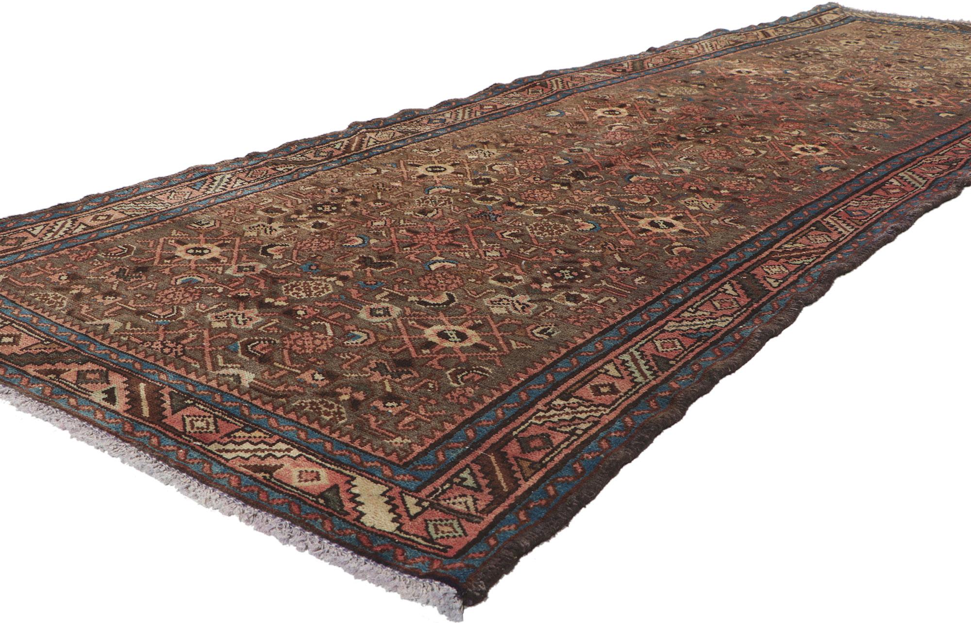 61162 Vintage Persian Hamadan Runner, 03'05 x 09'11. Emanating sophistication and rustic sensibility, this hand knotted wool vintage Persian Hamadan runner will take on a curated lived-in look that feels timeless while imparting a sense of warmth
