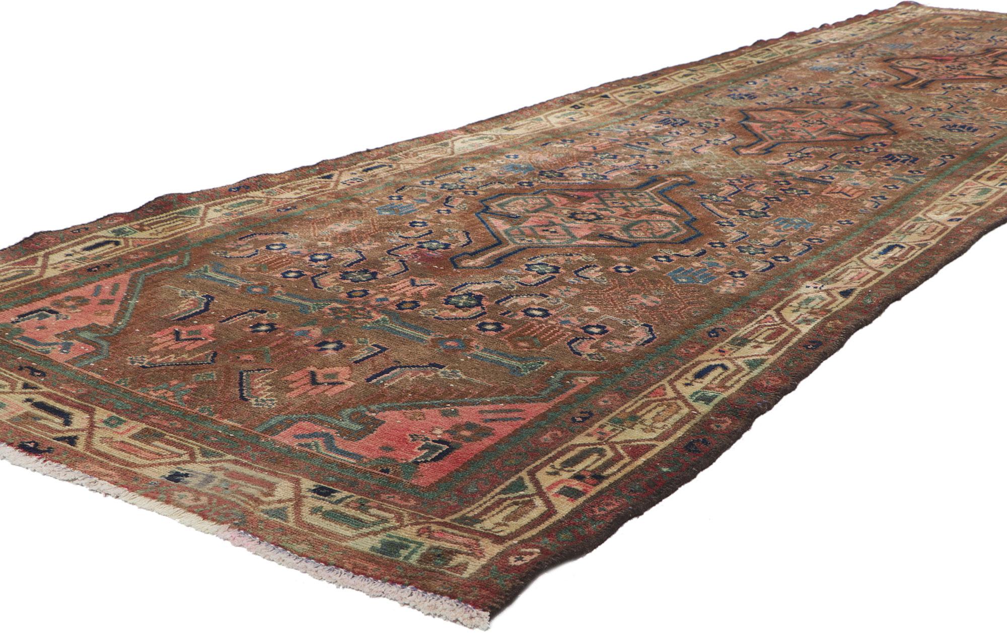 61173 Vintage Persian Hamadan Runner, 03'06 x 12'02. 
Full of tiny details and nomadic charm, this hand knotted wool vintage Persian Hamadan runner is a captivating vision of woven beauty. The tribal design and lively colorway woven into this rug