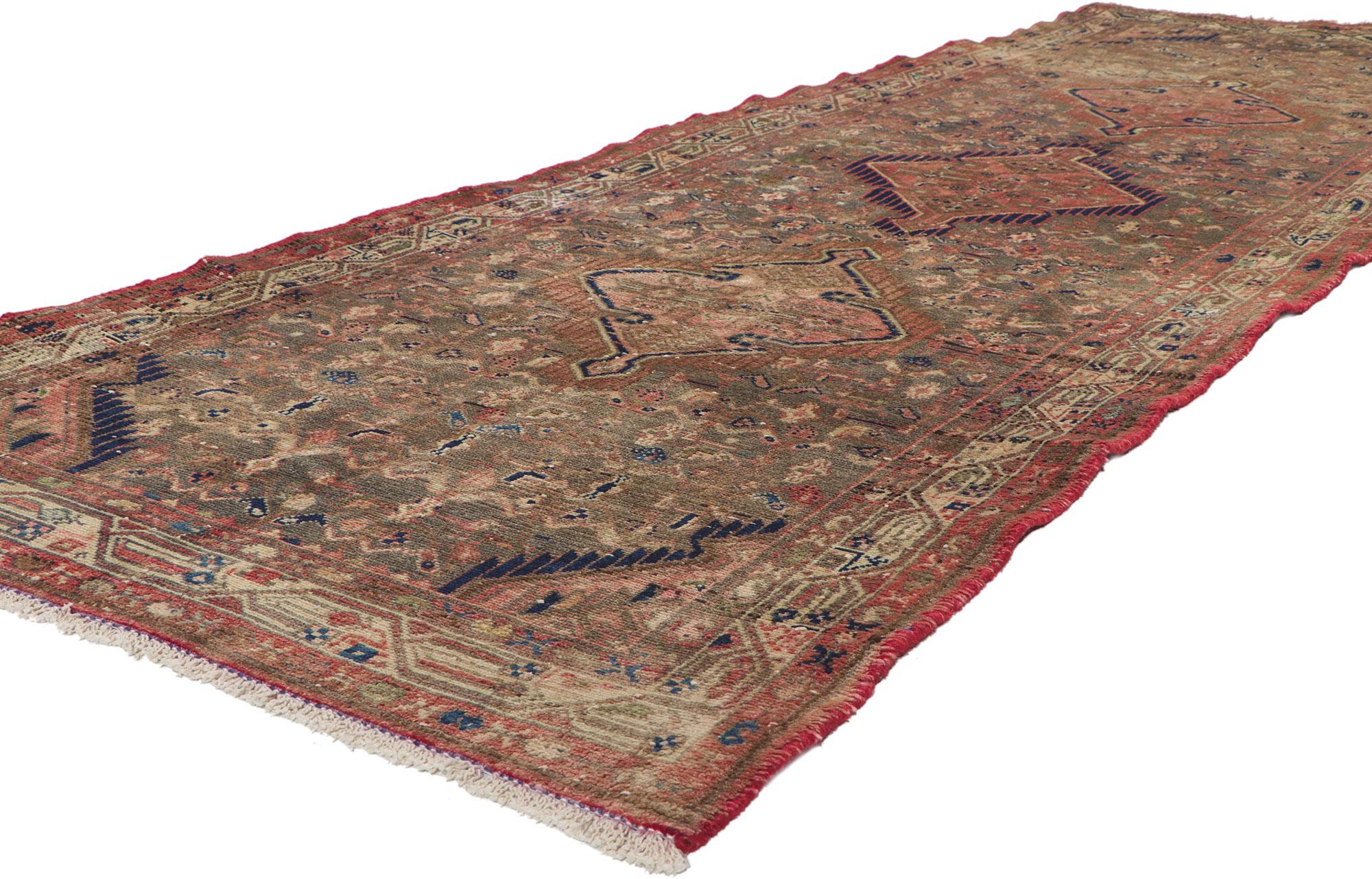 61136 Vintage Persian Hamadan runner, 03'04 x 09'11.
With its rugged beauty and rustic sensibility, this hand knotted wool vintage Persian Hamadan runner will take on a curated lived-in look that feels timeless while imparting a sense of warmth and