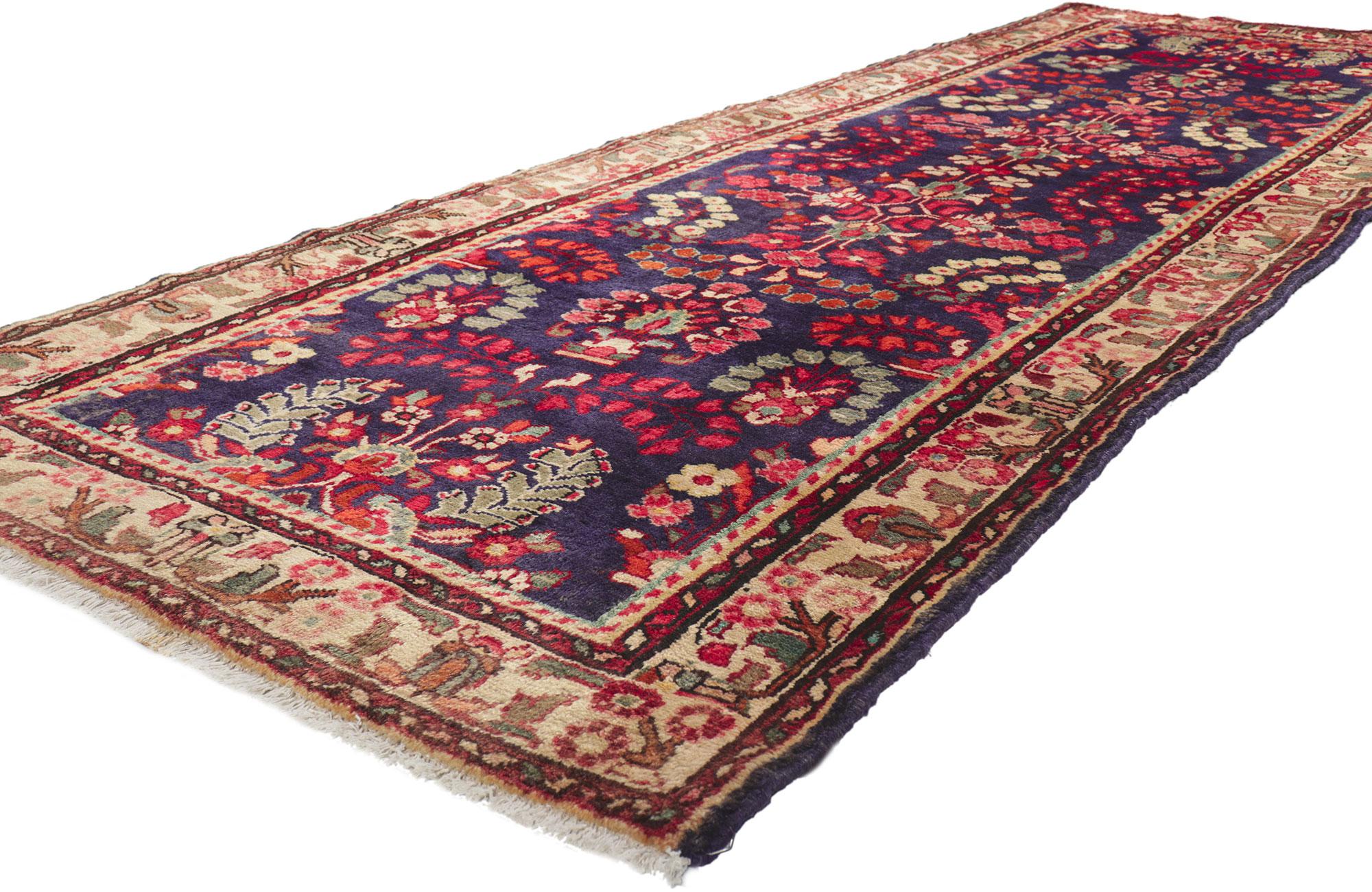 61225 Vintage Persian Hamadan Runner, 03'08 x 10'00. With its timeless style, incredible detail and texture, this hand knotted wool vintage Persian Hamadan rug is a captivating vision of woven beauty. The Sarouk design and refined colorway woven