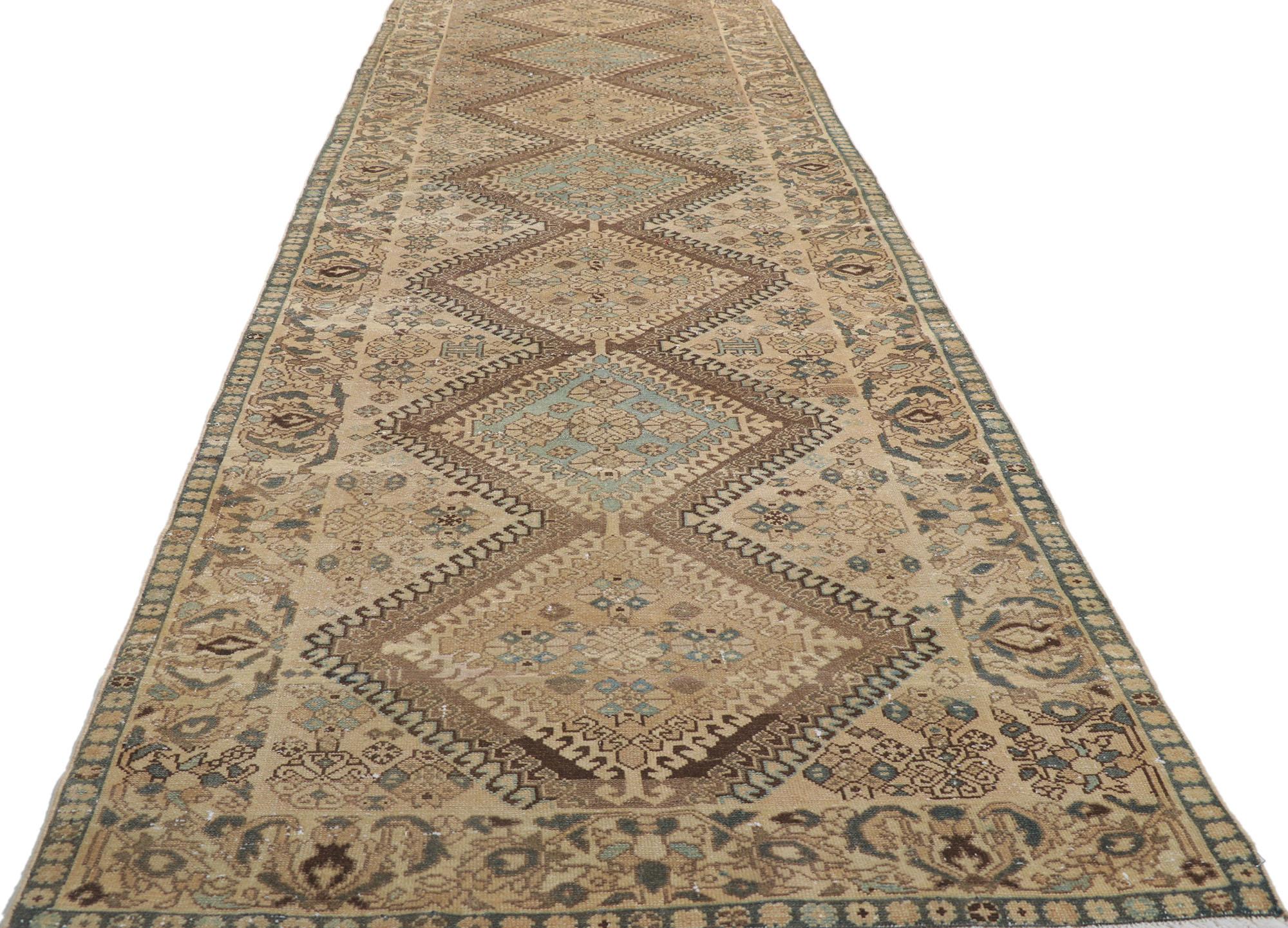 Hand-Knotted Vintage Persian Hamadan Runner, Nomadic Allure Meets Rustic Finesse For Sale