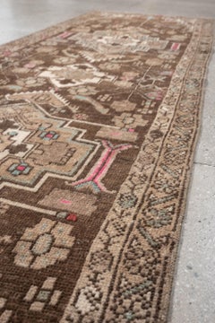 Vintage Persian Hamadan Runner in Brown with Geometric Medallions, circa 1940