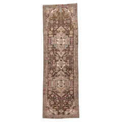 Vintage Persian Hamadan Runner in Brown with Geometric Medallions, circa 1940