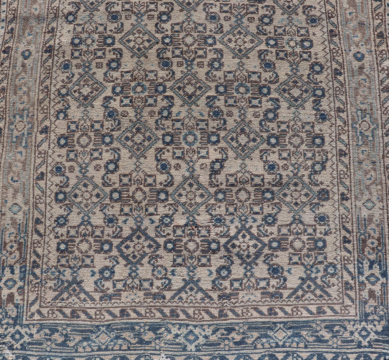 Malayer Vintage Persian Hamadan Runner in Cool Tones of Light Blue, Ivory, and L. Brown For Sale