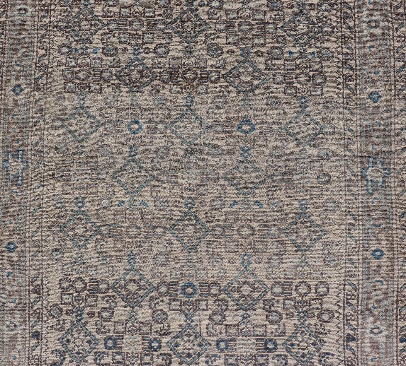 Hand-Knotted Vintage Persian Hamadan Runner in Cool Tones of Light Blue, Ivory, and L. Brown For Sale