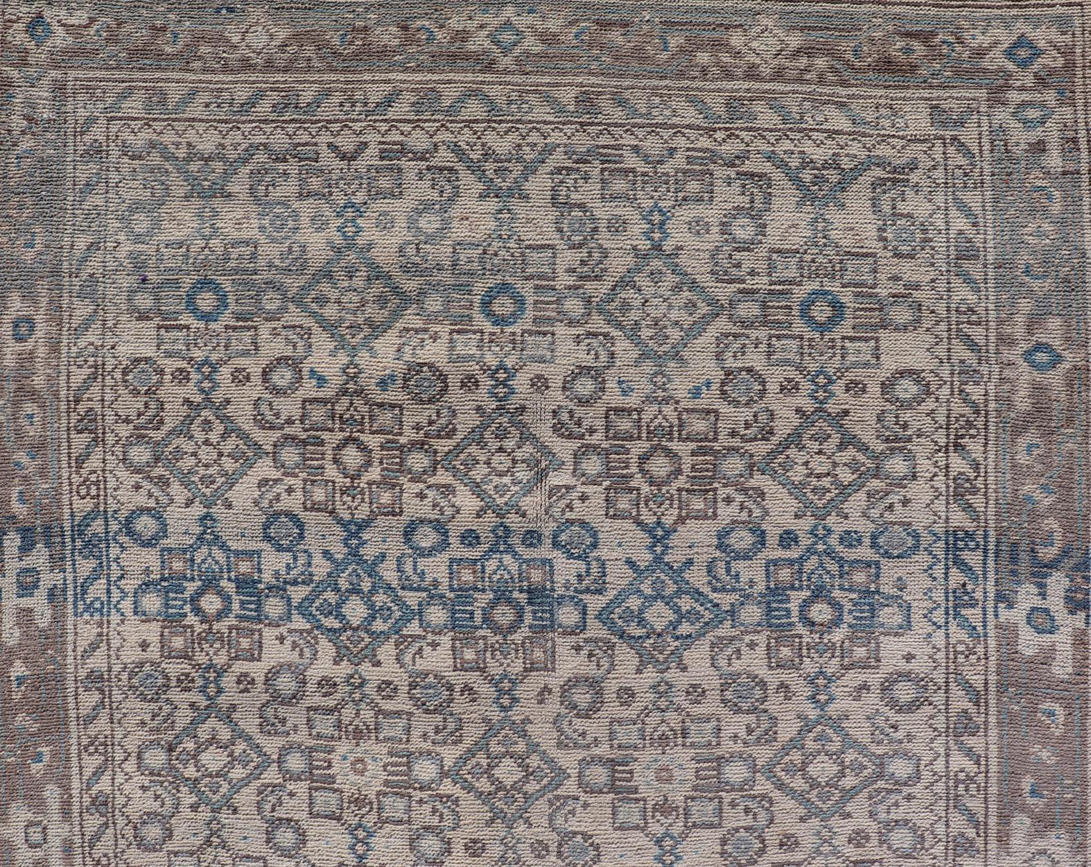 Vintage Persian Hamadan Runner in Cool Tones of Light Blue, Ivory, and L. Brown In Good Condition For Sale In Atlanta, GA
