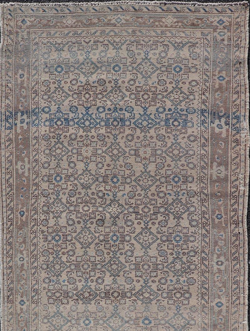 20th Century Vintage Persian Hamadan Runner in Cool Tones of Light Blue, Ivory, and L. Brown For Sale