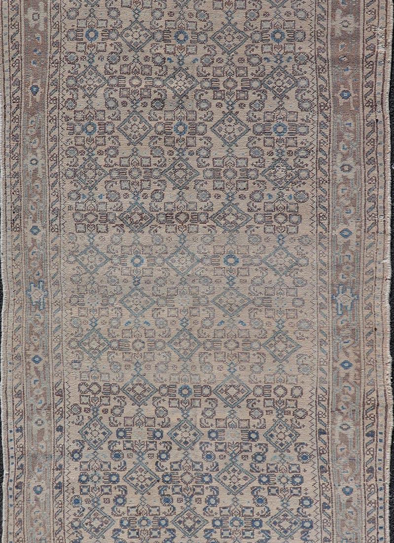 Wool Vintage Persian Hamadan Runner in Cool Tones of Light Blue, Ivory, and L. Brown For Sale