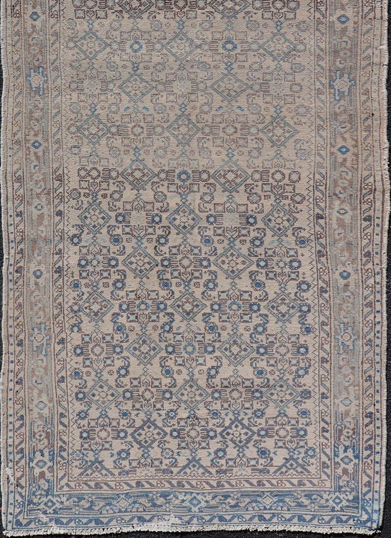 Vintage Persian Hamadan Runner in Cool Tones of Light Blue, Ivory, and L. Brown For Sale 1
