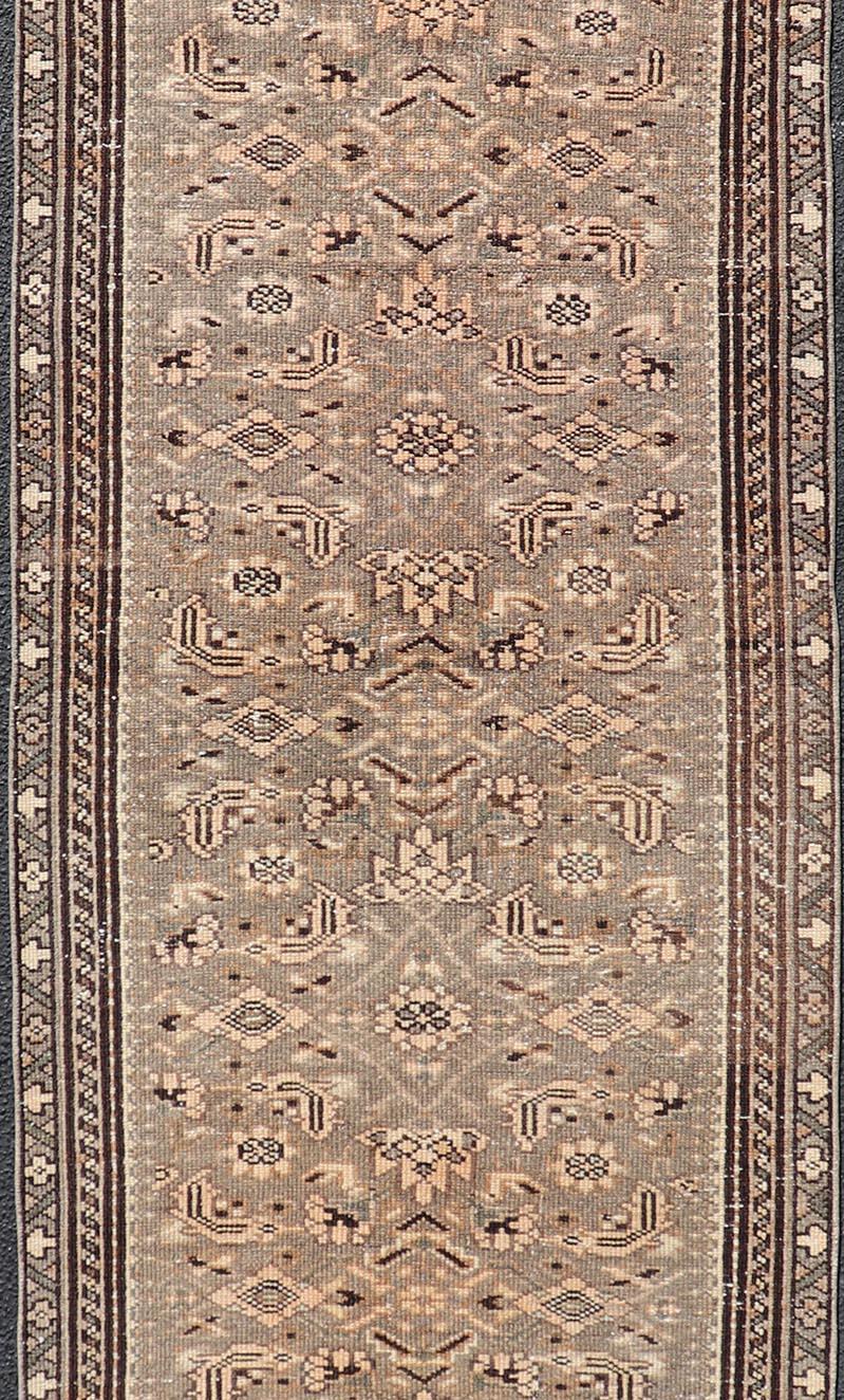 Malayer Vintage Persian Hamadan Runner in Warm Tones of Grey, Brown and Taupe  For Sale