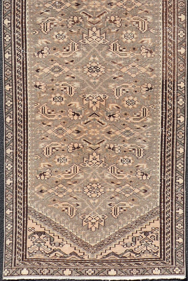 Hand-Knotted Vintage Persian Hamadan Runner in Warm Tones of Grey, Brown and Taupe  For Sale
