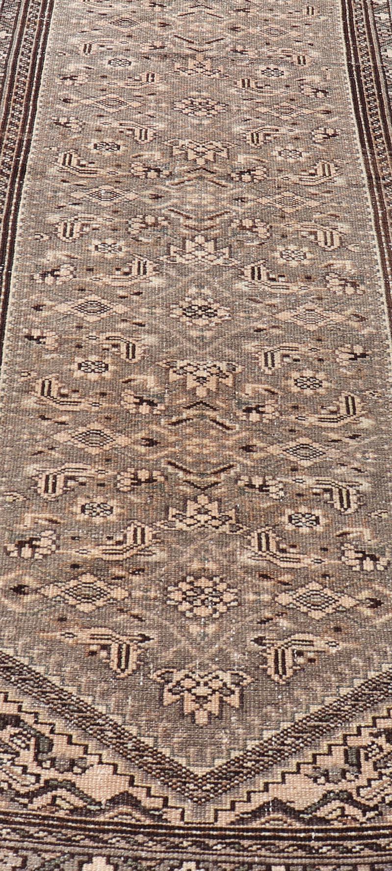 Wool Vintage Persian Hamadan Runner in Warm Tones of Grey, Brown and Taupe  For Sale