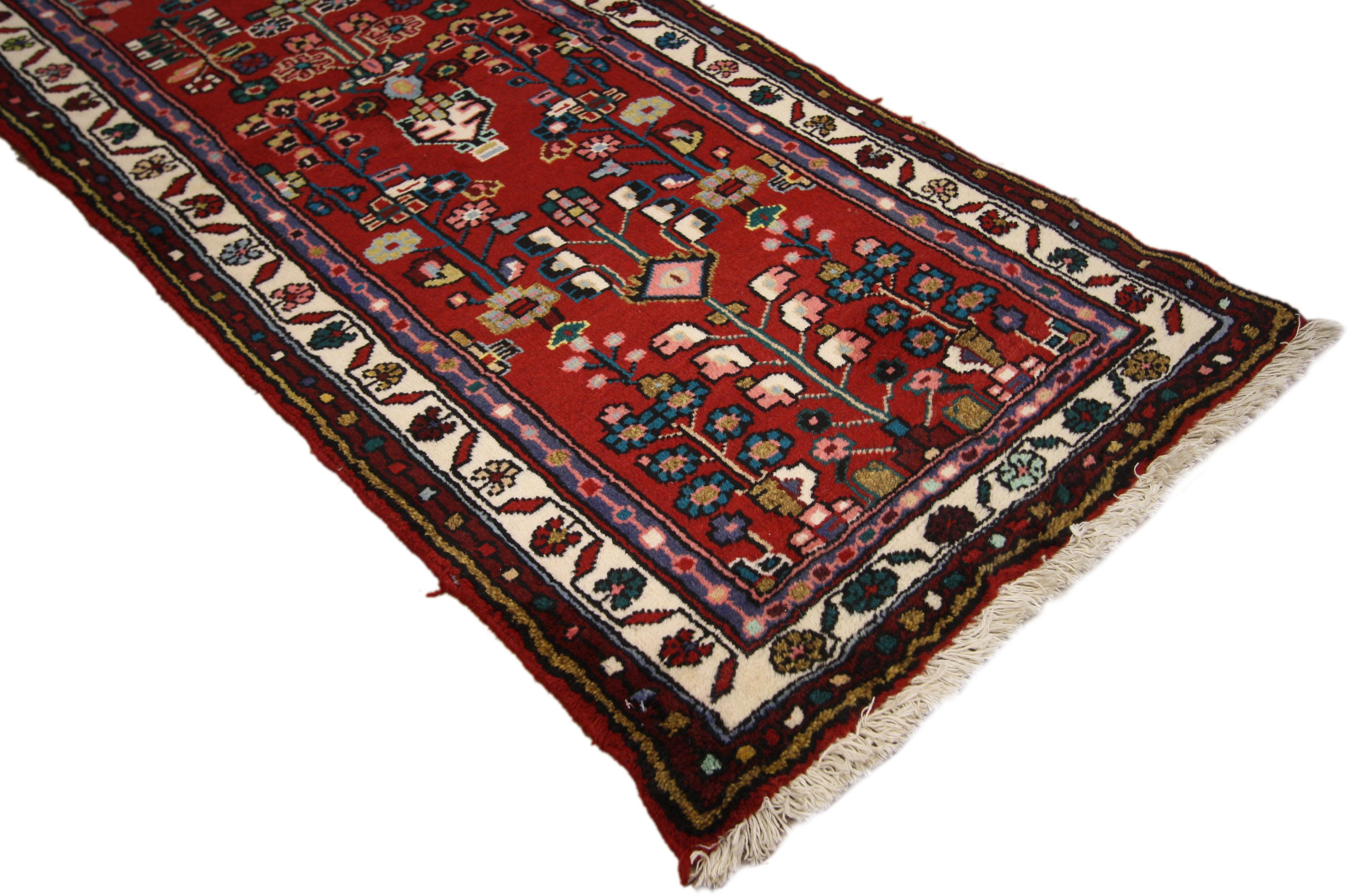​60182 Vintage Persian Hamadan Runner, Narrow Hallway Runner 02'02 x 09'08. ​​This hand-knotted wool vintage Persian Hamadan runner features an all-over botanical pattern composed of stylized florals, rosettes, hyacinth, leafy tendrils, and