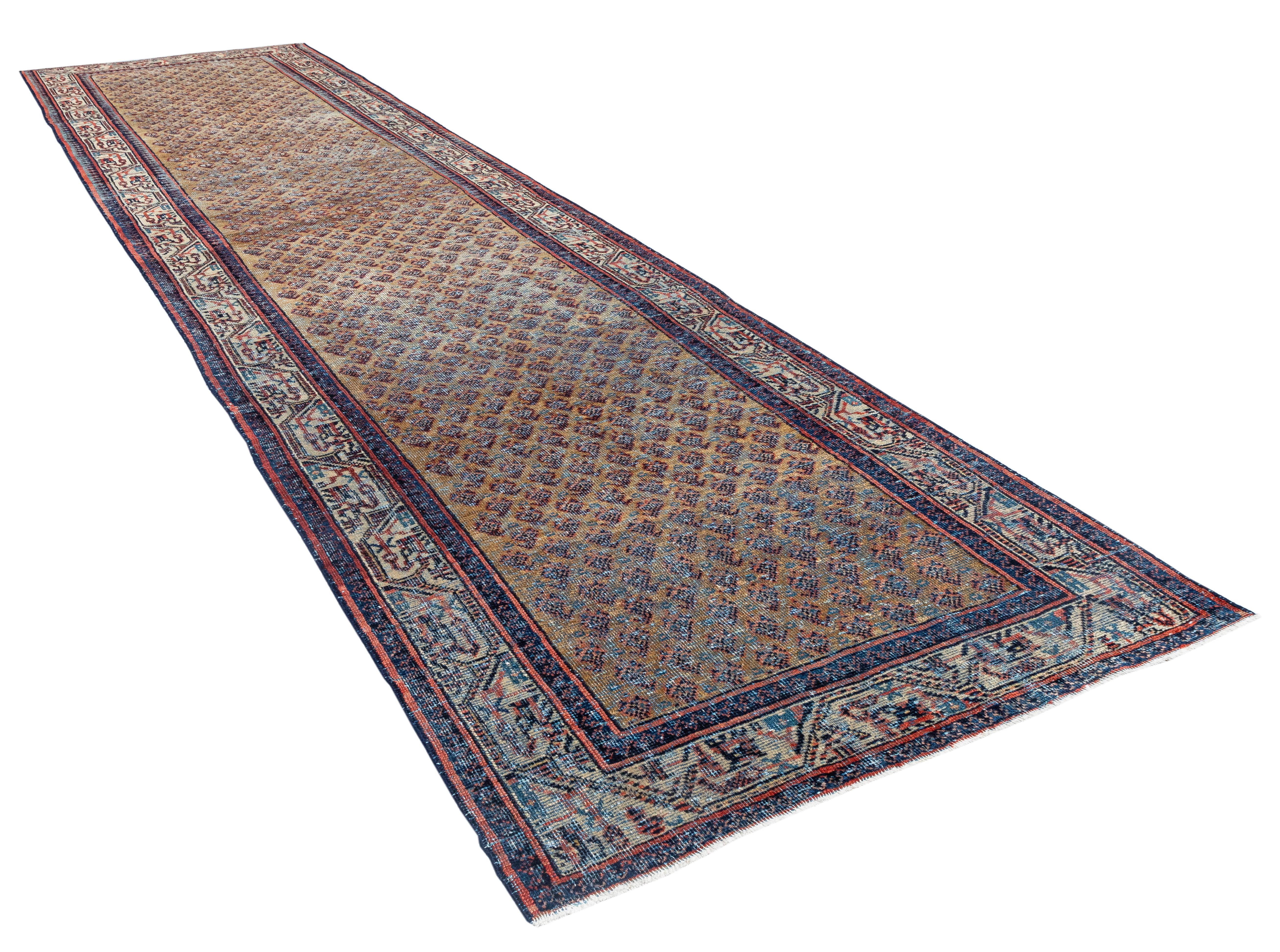 Persiano Tappeto persiano vintage Hamadan Runner - Lana intrecciata a mano, motivo geometrico in vendita