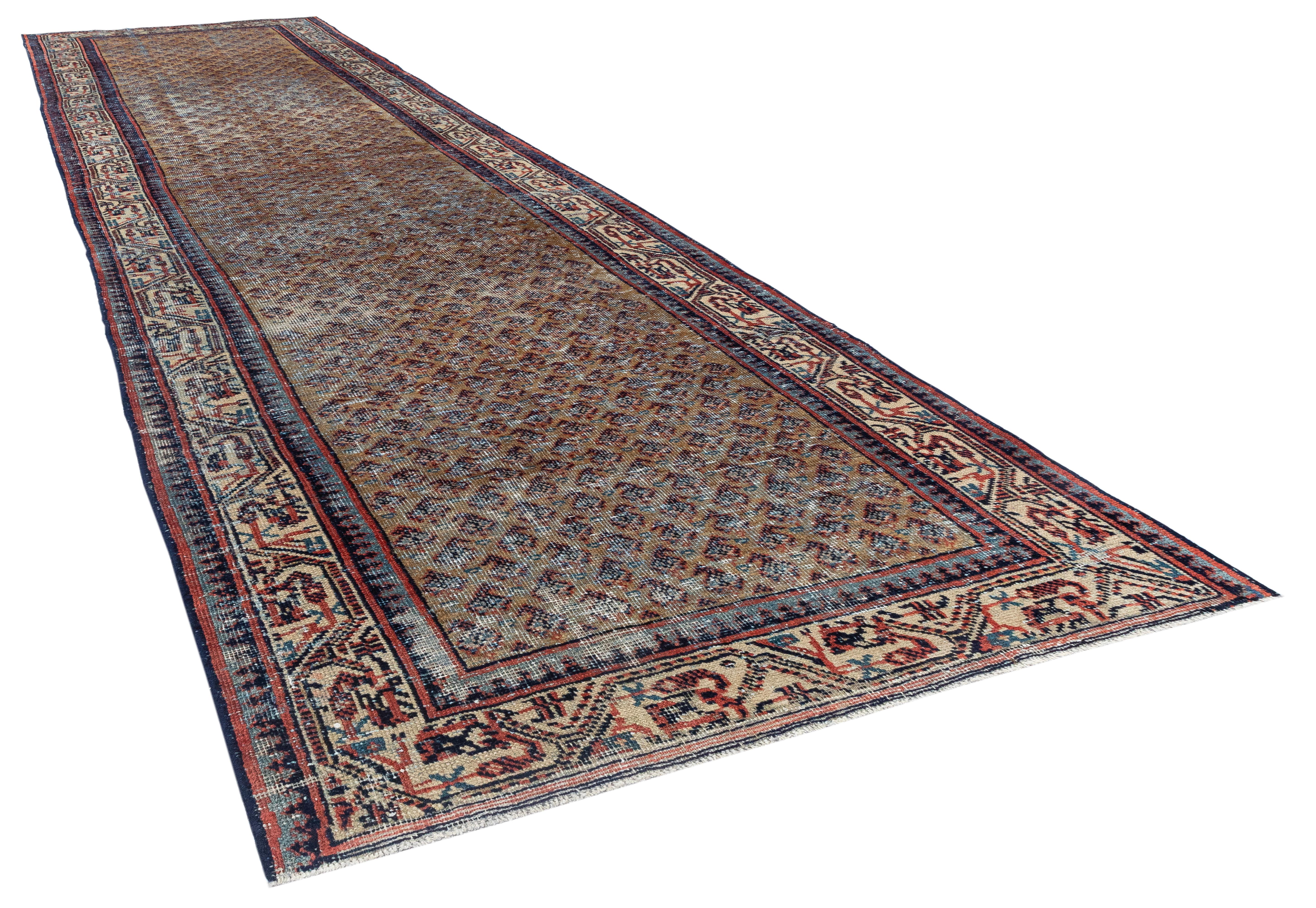 Annodato a mano Tappeto persiano vintage Hamadan Runner - Lana intrecciata a mano, motivo geometrico in vendita